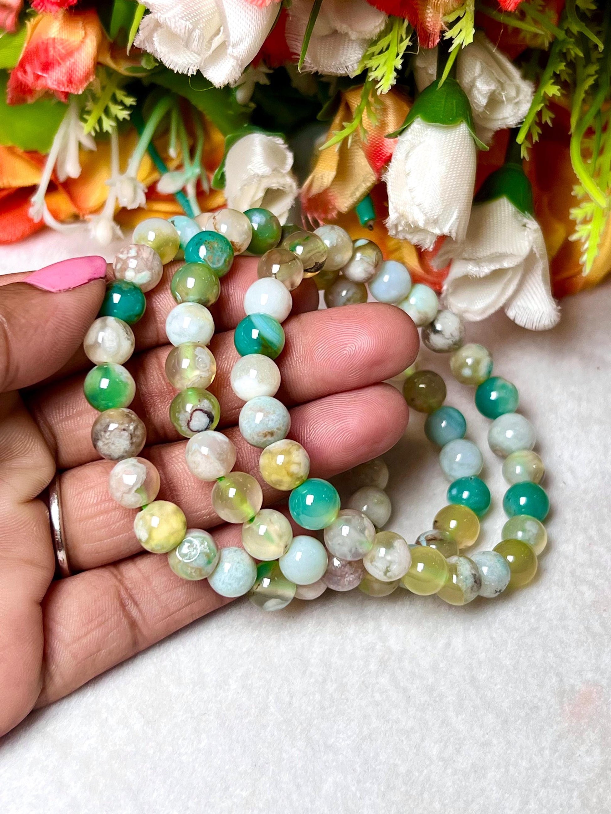 Green Flower Agate Stone Bracelet l Stretchable Bracelet l Unisex Bracelet l 8 MM Bracelet