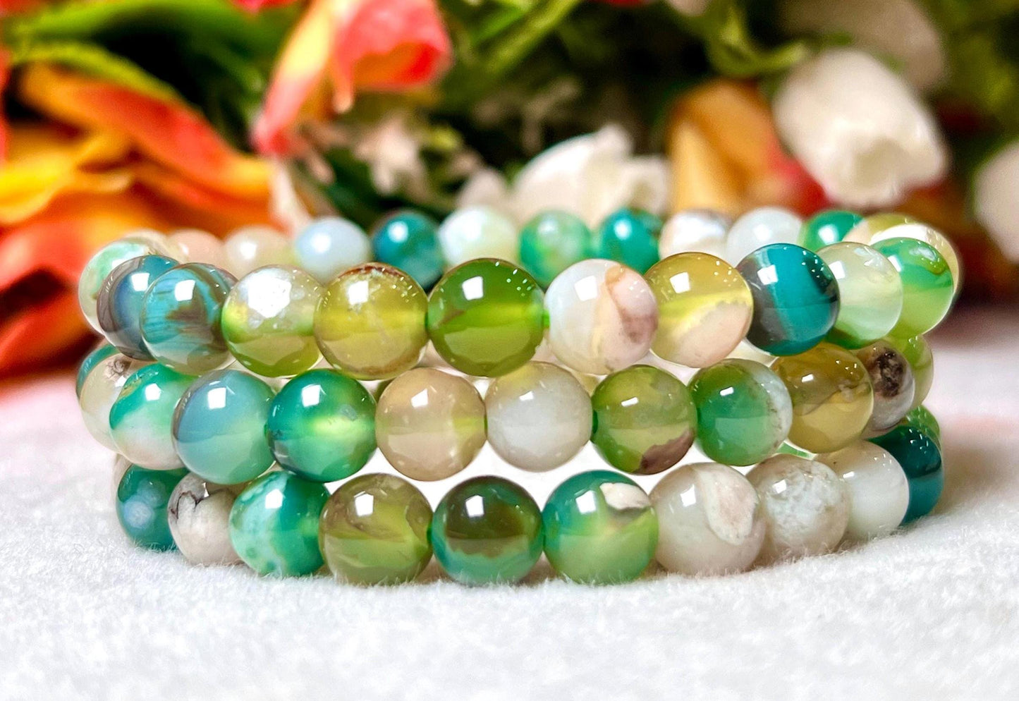 Green Flower Agate Stone Bracelet l Stretchable Bracelet l Unisex Bracelet l 8 MM Bracelet