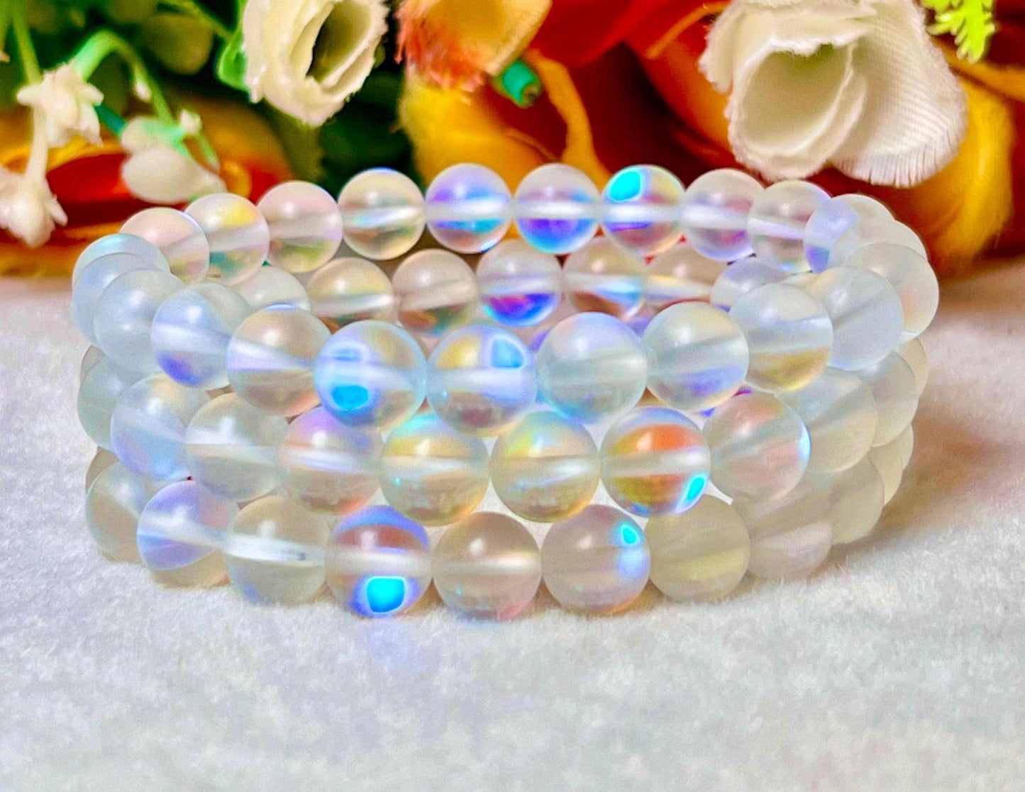 Rainbow Angel Aura Crystal Quartz Stone Matt Finish Bracelet l Stretchable Bracelet l Unisex Bracelet l 8 MM Bracelet