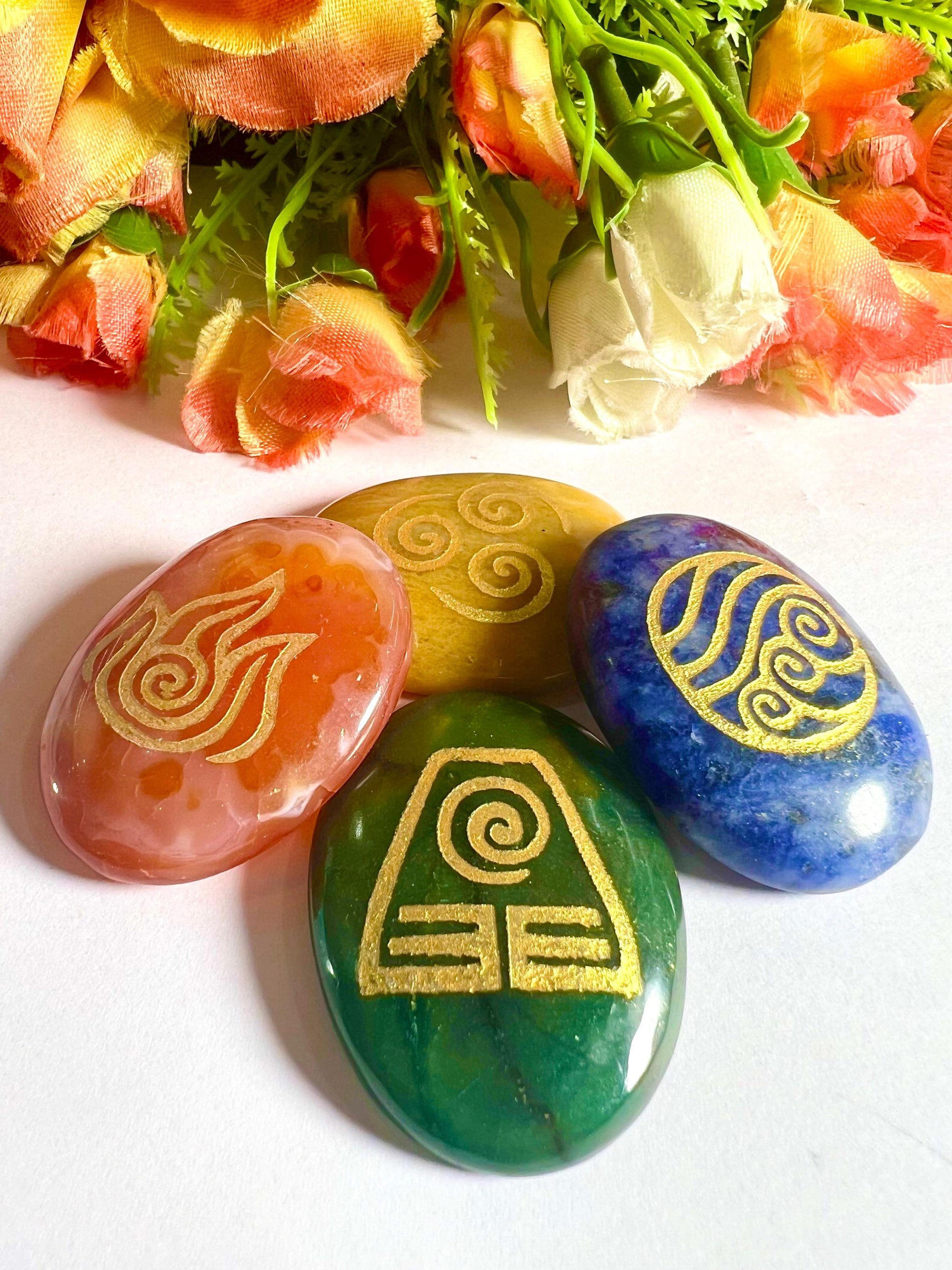 Mayan 4 Element Stone Set Sodalite, Carnelian, Yellow Jasper, Green Aventurine Stone Set With Gift Pouch