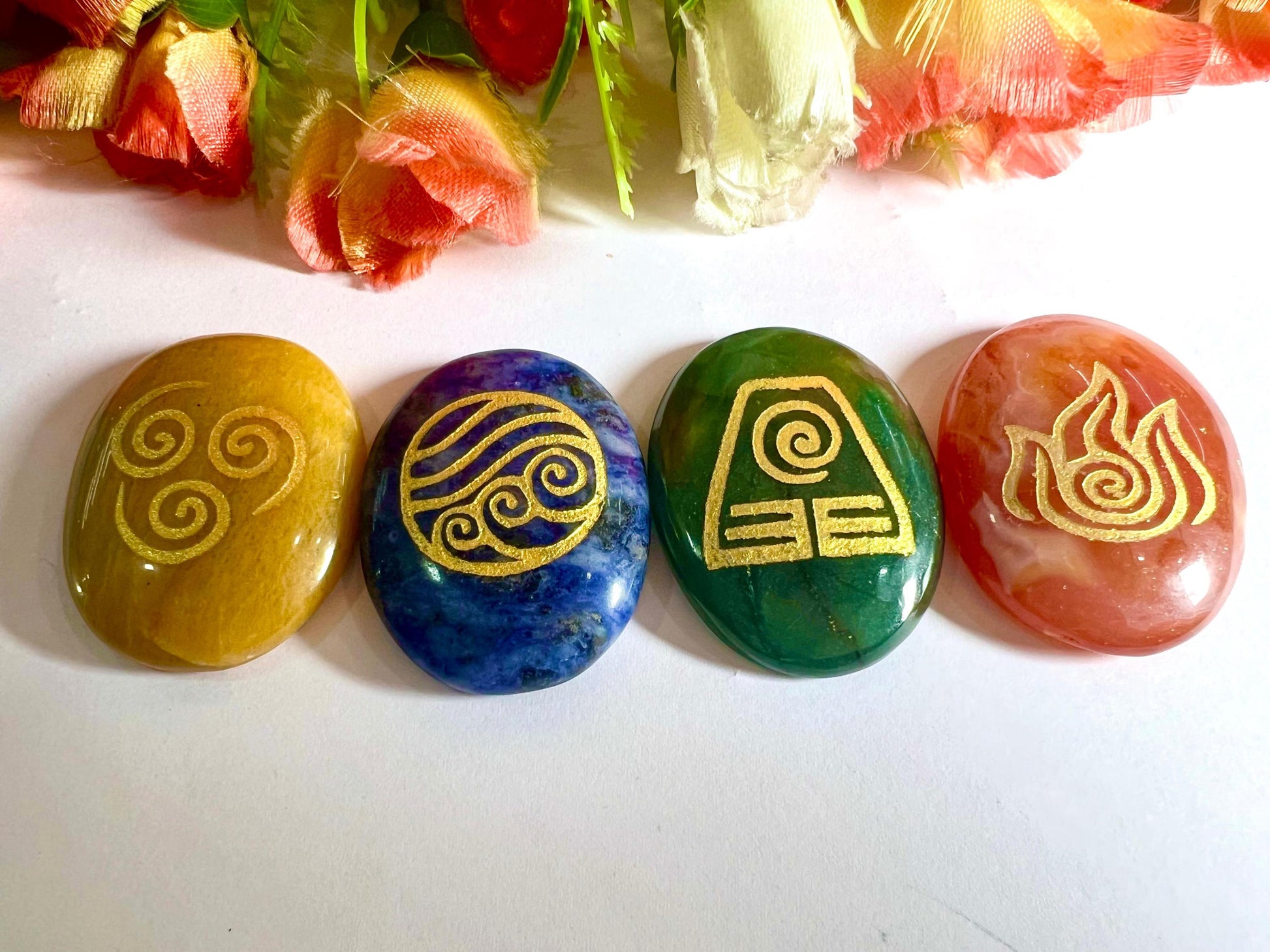 Mayan 4 Element Stone Set Sodalite, Carnelian, Yellow Jasper, Green Aventurine Stone Set With Gift Pouch