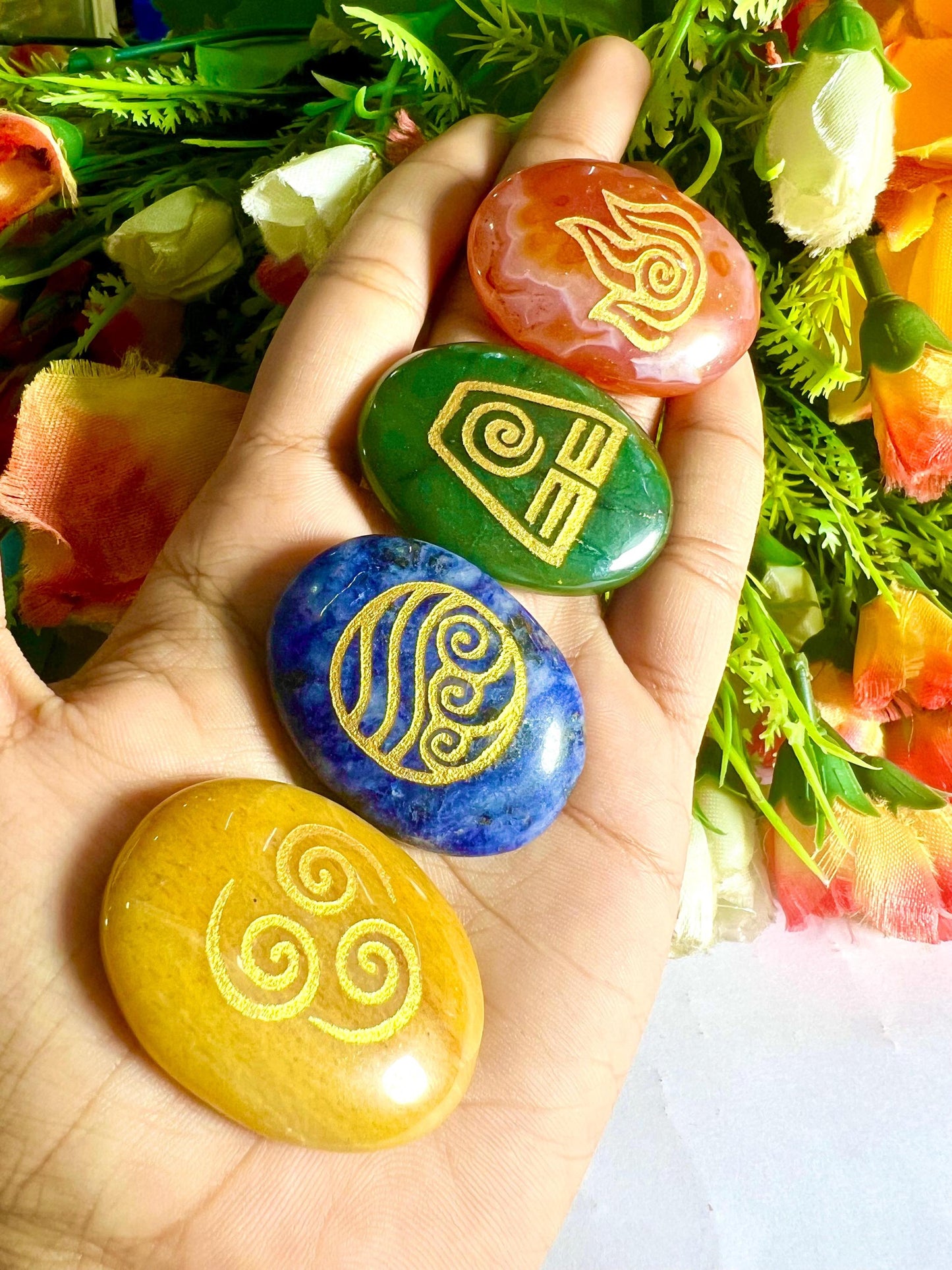 Mayan 4 Element Stone Set Sodalite, Carnelian, Yellow Jasper, Green Aventurine Stone Set With Gift Pouch