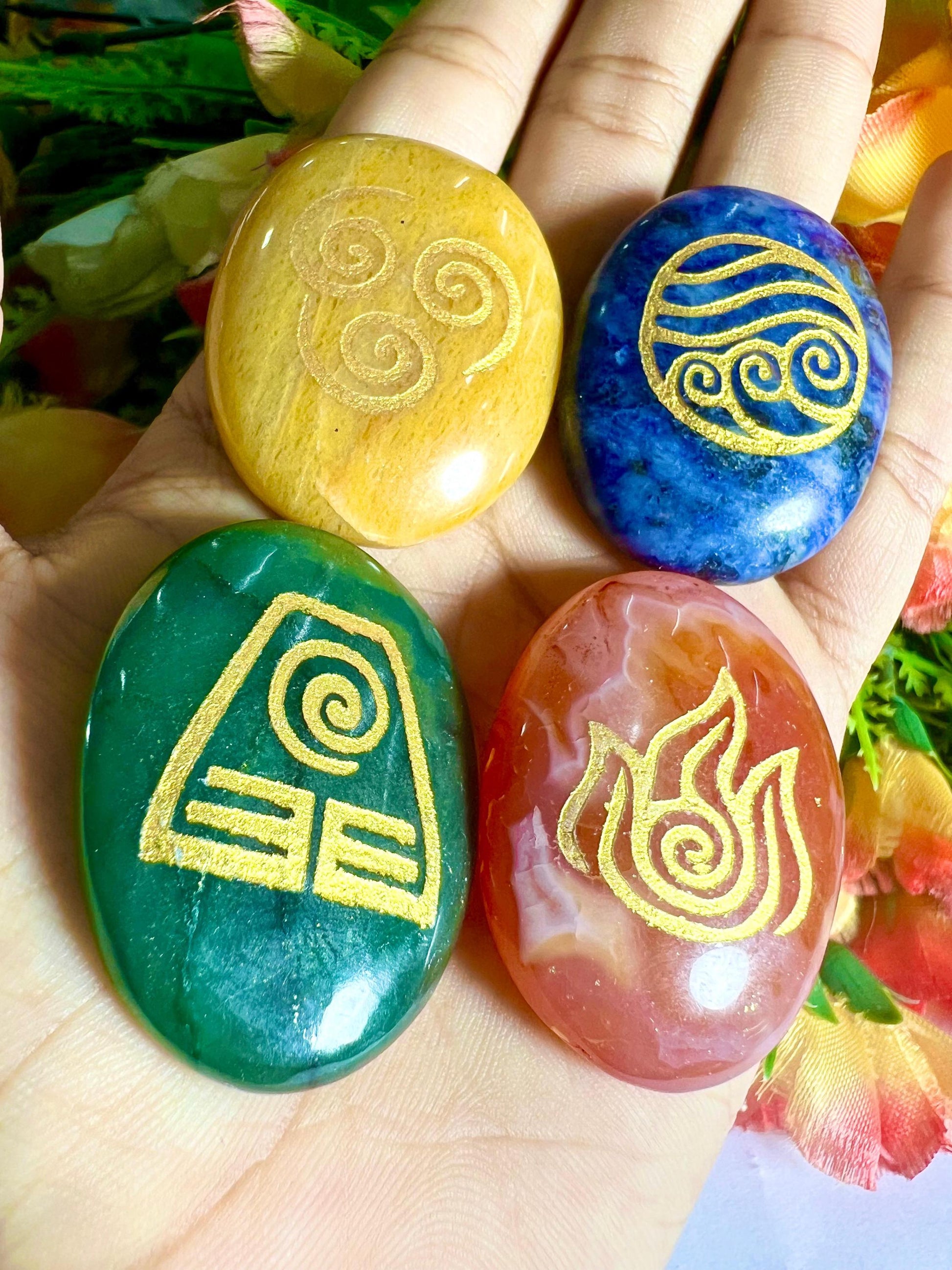 Mayan 4 Element Stone Set Sodalite, Carnelian, Yellow Jasper, Green Aventurine Stone Set With Gift Pouch