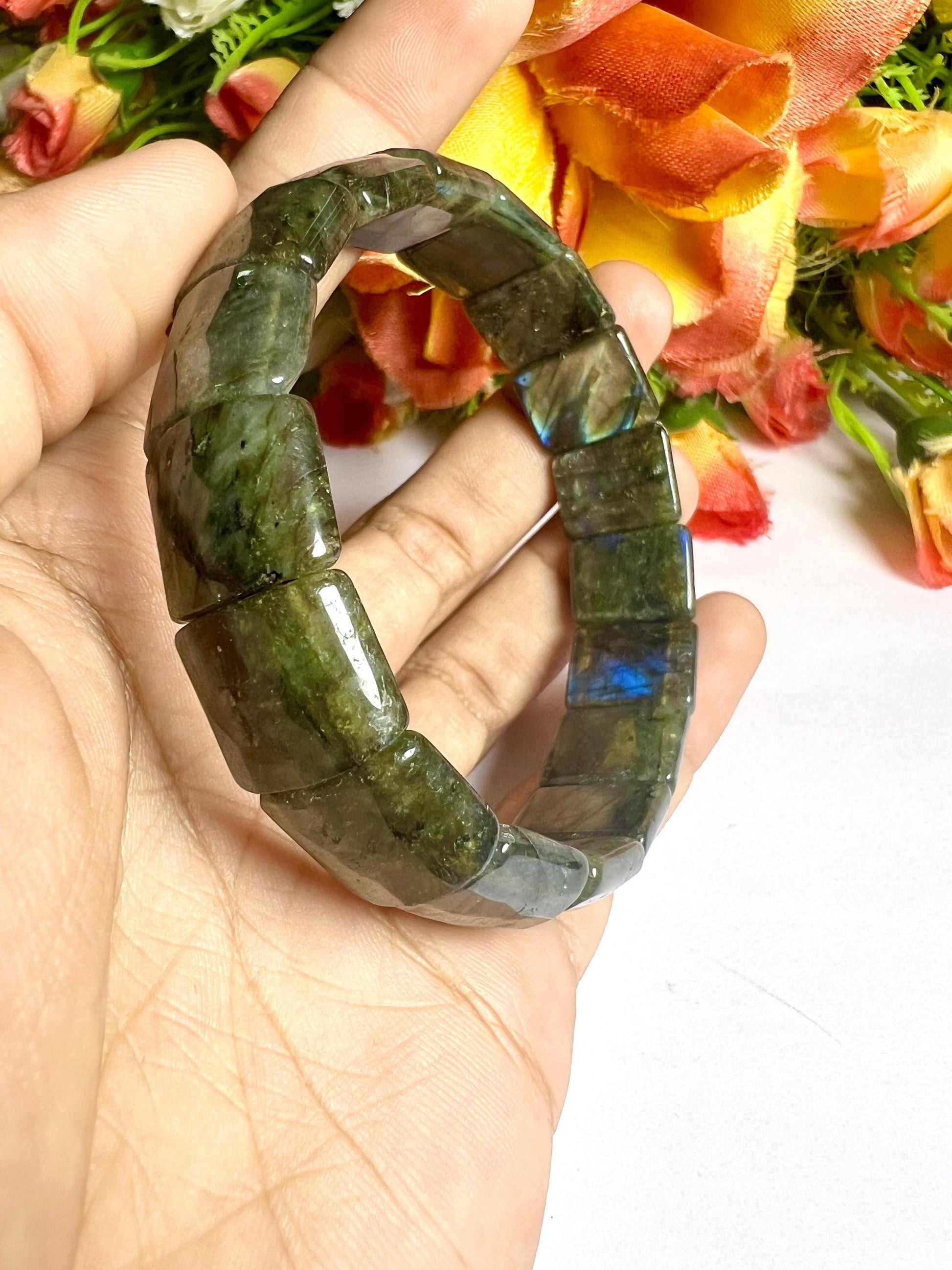 15 MM Rainbow Labradorite Stone Bracelet l Stretchable Bracelet