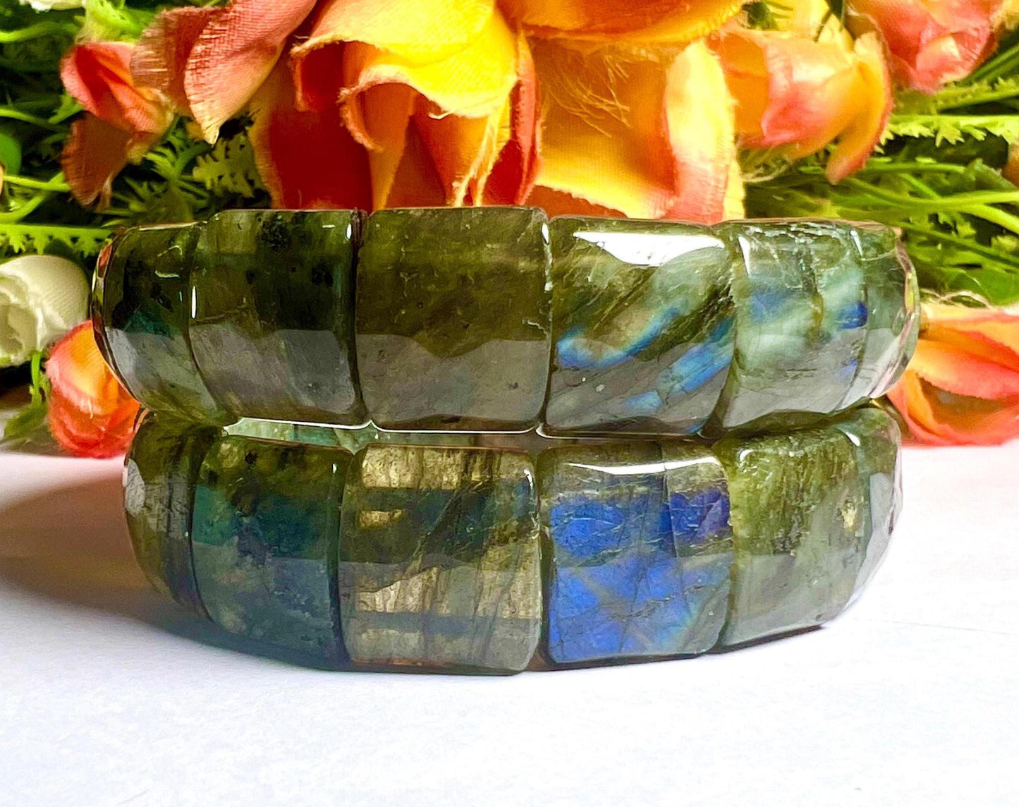 15 MM Rainbow Labradorite Stone Bracelet l Stretchable Bracelet