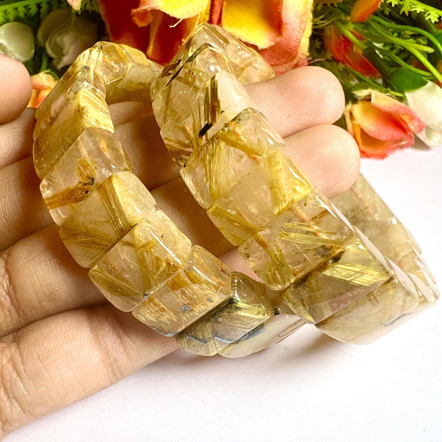 15 MM Star Golden Rutile Stone Bracelet l Stretchable Bracelet AAAAA +++++