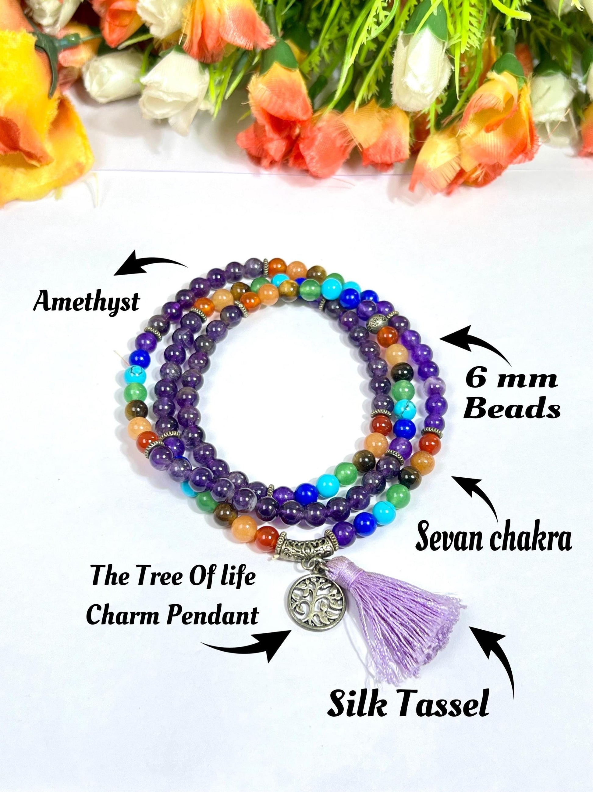 7 Seven Chakra Stone With Amethyst Stone 108 Beaded Bracelet - 108 Beads Japa Mala 6mm Tree of Life Pendant Necklace Gift for All