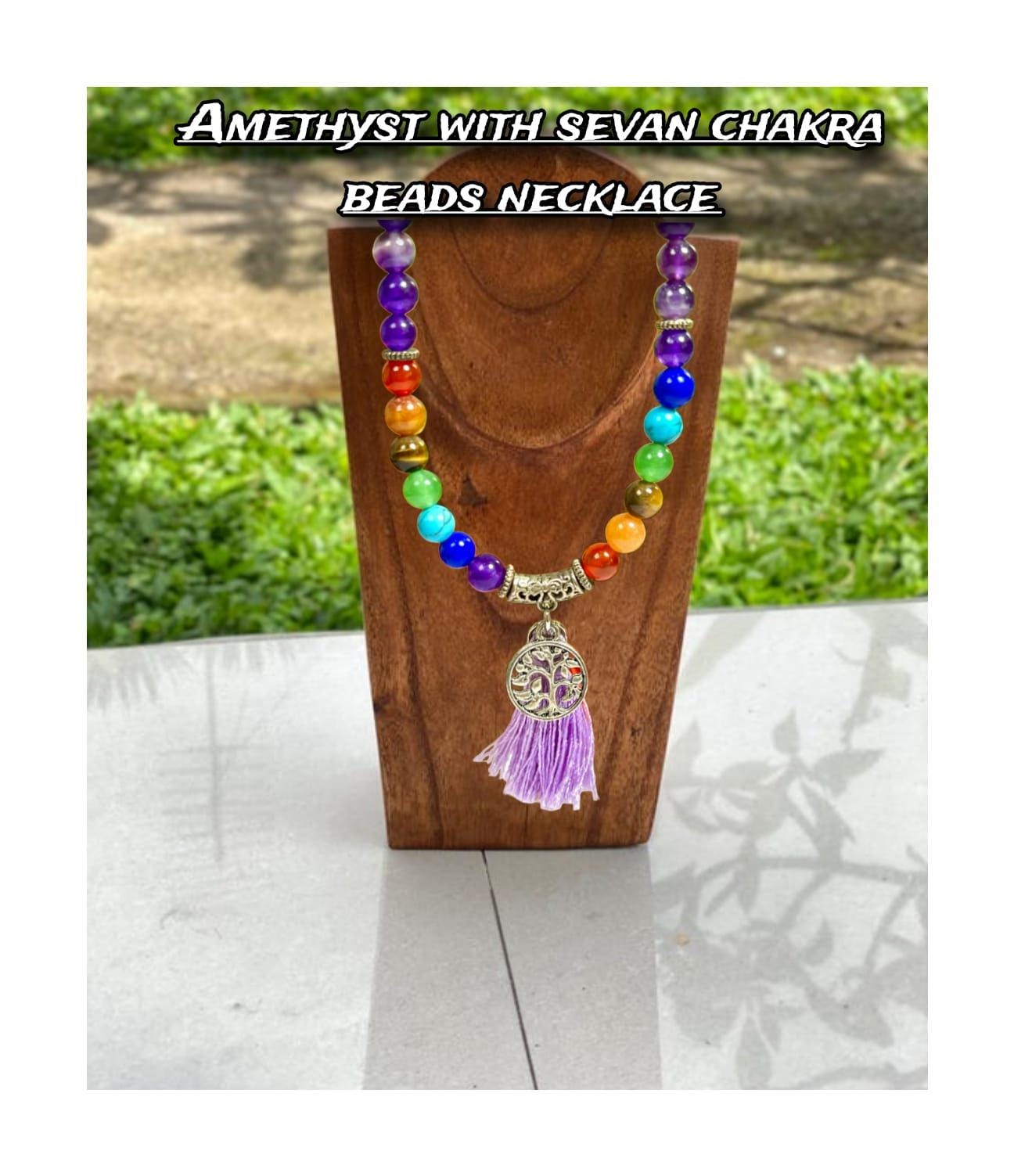 7 Seven Chakra Stone With Amethyst Stone 108 Beaded Bracelet - 108 Beads Japa Mala 6mm Tree of Life Pendant Necklace Gift for All