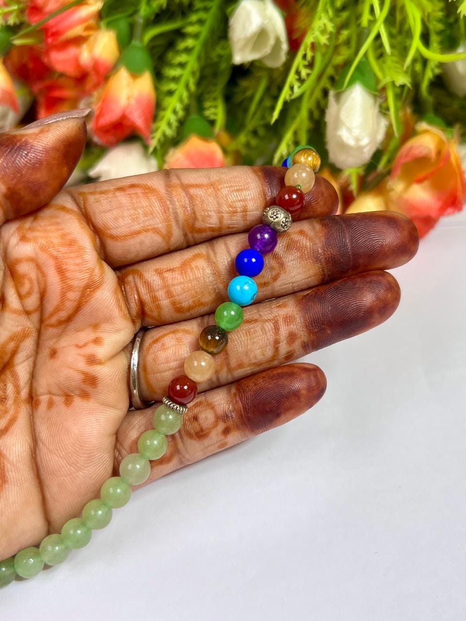 7 Seven Chakra Stone With Green Aventurine Stone 108 Beaded Bracelet - 108 Beads Japa Mala 6mm Tree of Life Pendant Necklace Gift for All