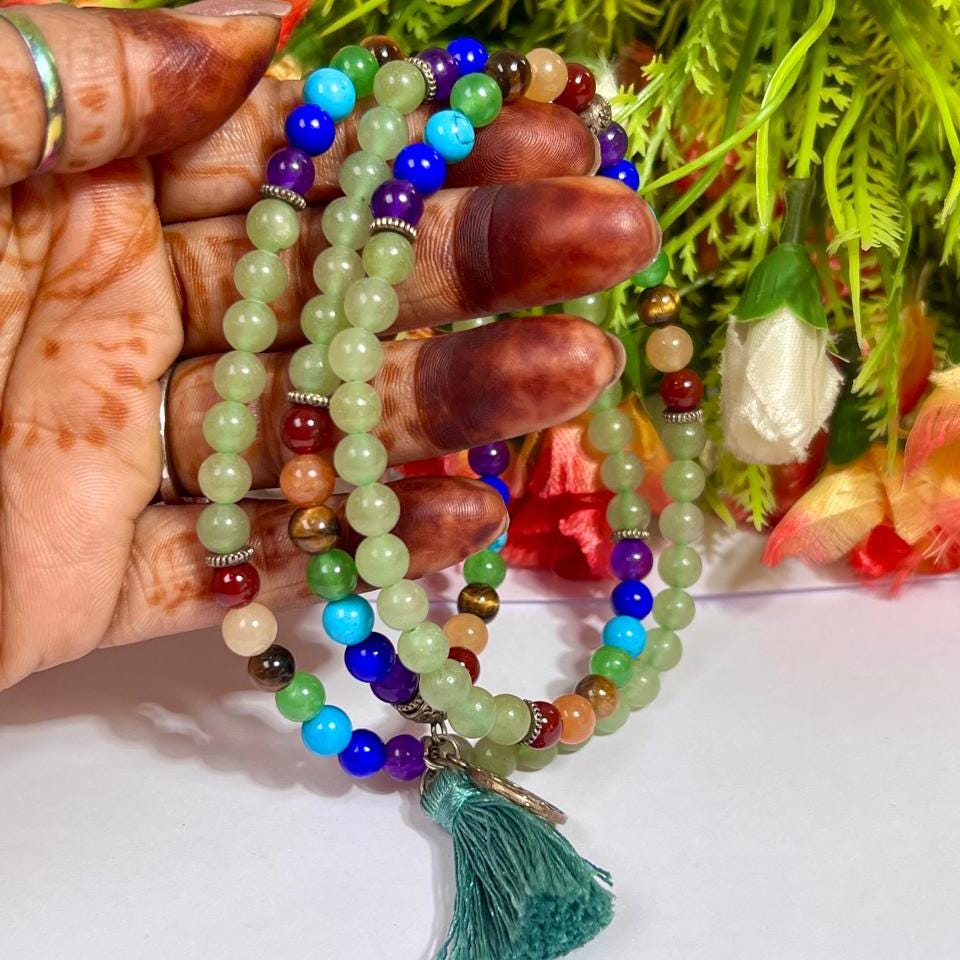 7 Seven Chakra Stone With Green Aventurine Stone 108 Beaded Bracelet - 108 Beads Japa Mala 6mm Tree of Life Pendant Necklace Gift for All