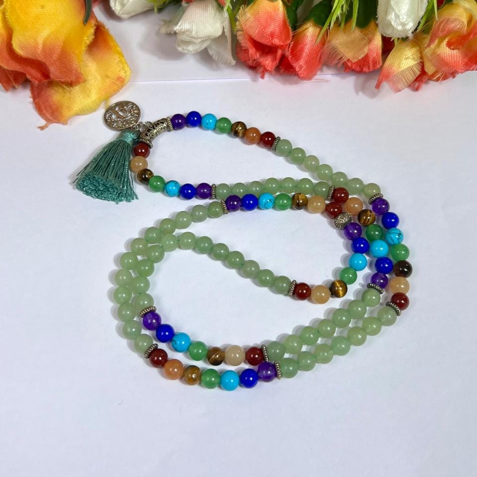 7 Seven Chakra Stone With Green Aventurine Stone 108 Beaded Bracelet - 108 Beads Japa Mala 6mm Tree of Life Pendant Necklace Gift for All