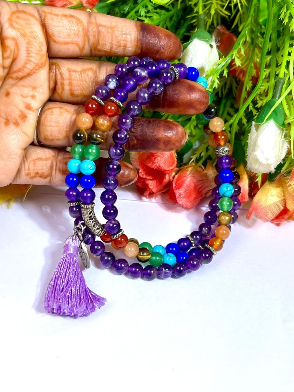 7 Seven Chakra Stone With Amethyst Stone 108 Beaded Bracelet - 108 Beads Japa Mala 6mm Tree of Life Pendant Necklace Gift for All