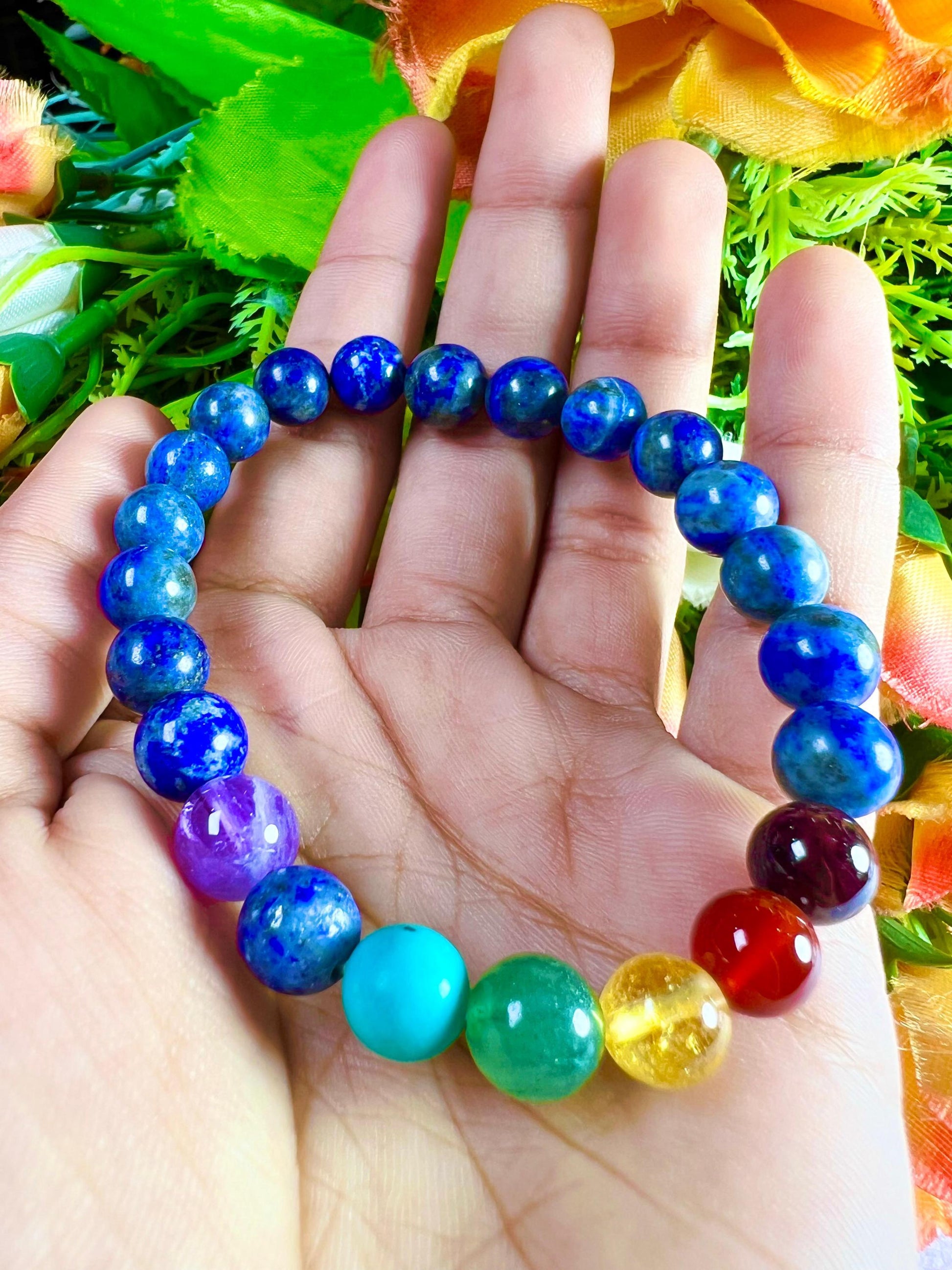 7 Chakra With Lapis Lazuli Stone Bracelet l Stretchable Bracelet l Unisex Bracelet l 8 MM Bracelet