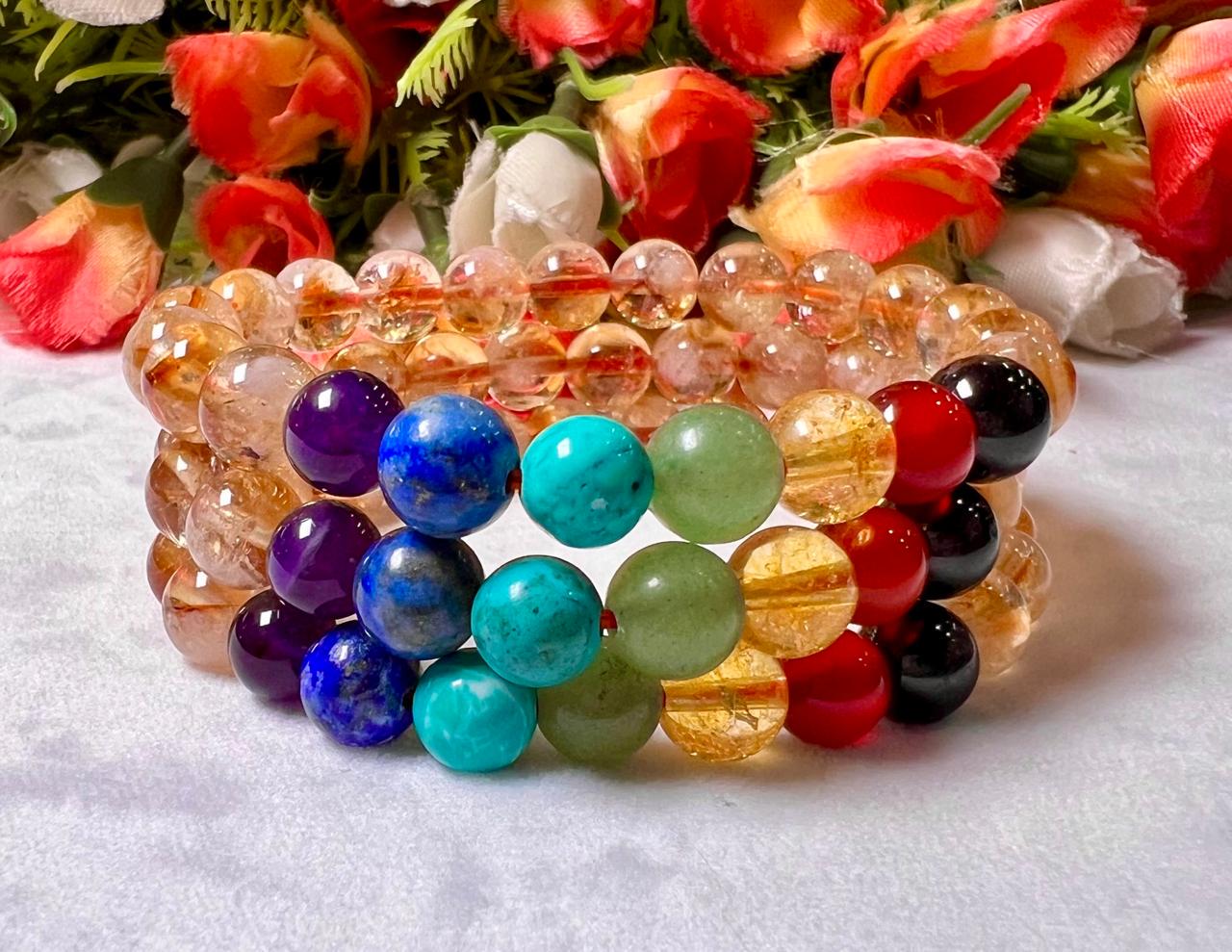 7 Chakra With Citrine Stone Bracelet l Stretchable Bracelet l Unisex Bracelet l 8 MM Bracelet