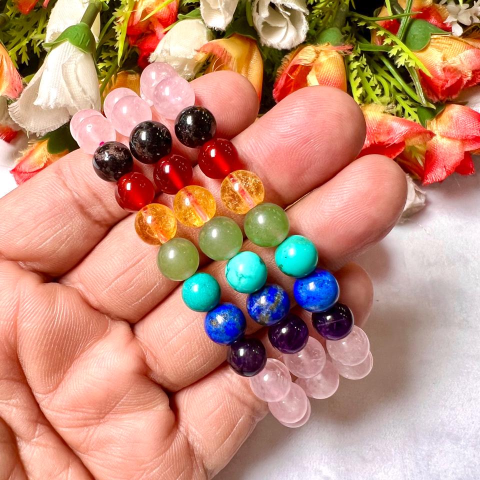 7 Chakra With Rose Quartz Stone Bracelet l Stretchable Bracelet l Unisex Bracelet l 8 MM Bracelet