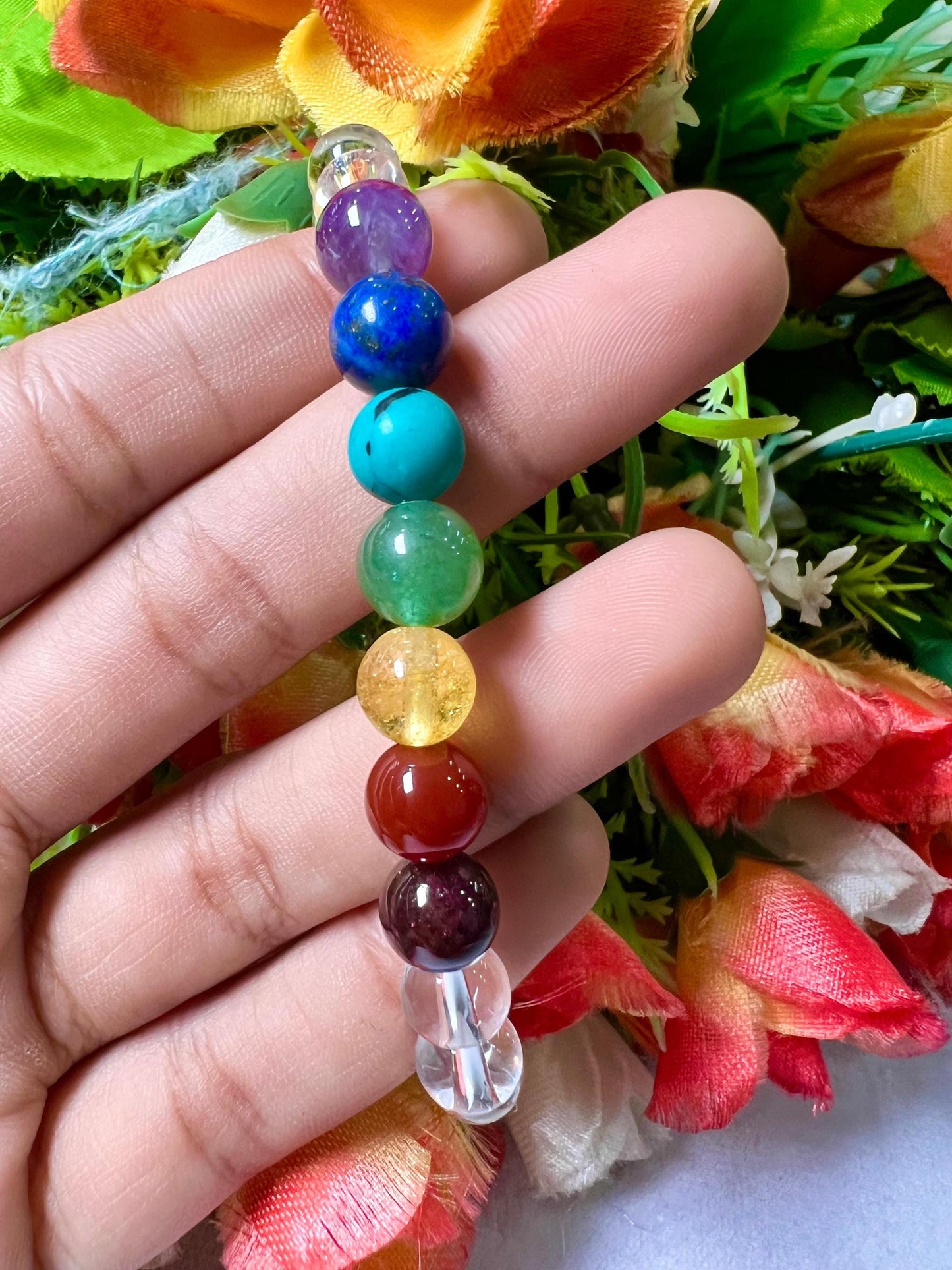 7 Chakra With Himalayan Crystal Quartz Stone Bracelet l Stretchable Bracelet l Unisex Bracelet l 8 MM Bracelet