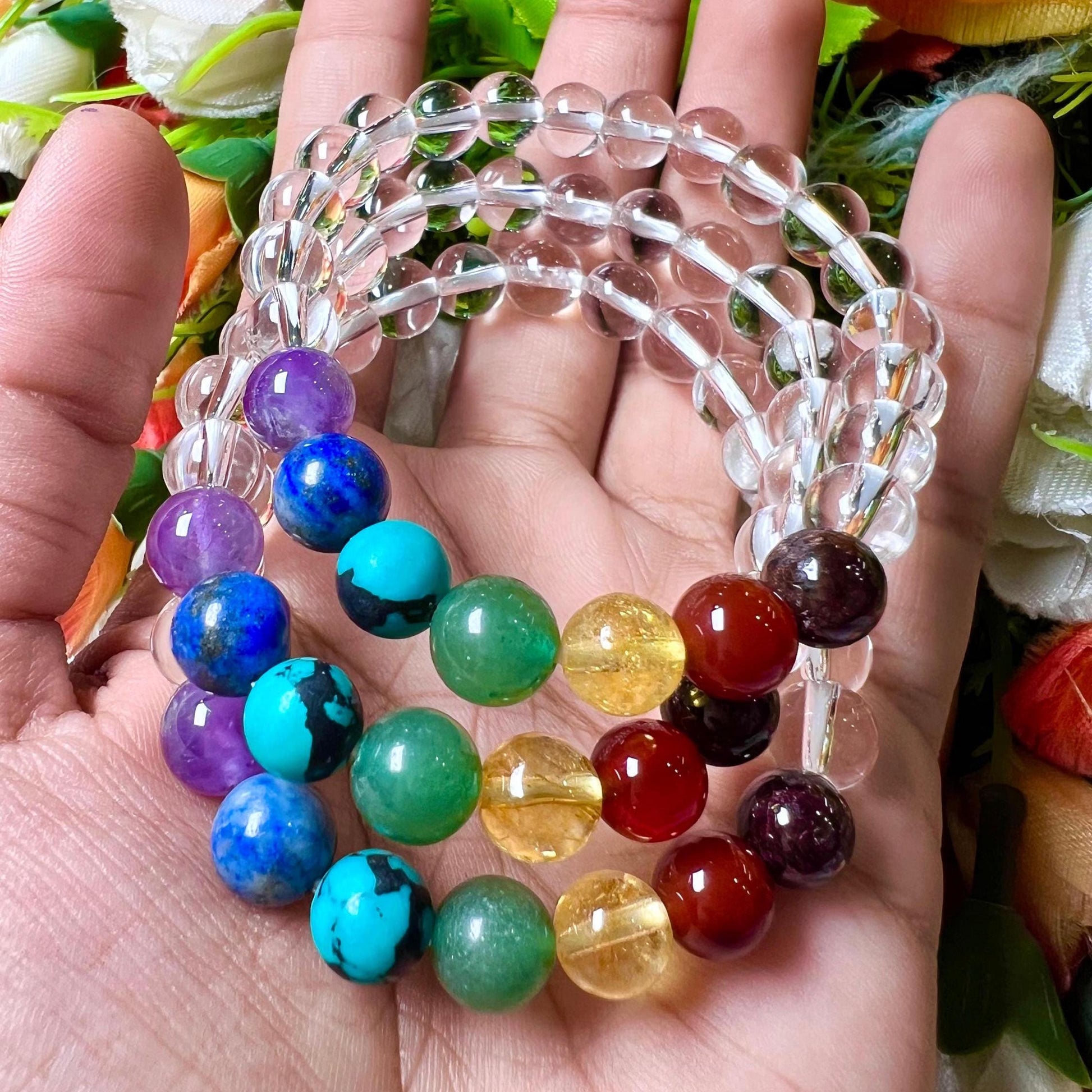 7 Chakra With Himalayan Crystal Quartz Stone Bracelet l Stretchable Bracelet l Unisex Bracelet l 8 MM Bracelet