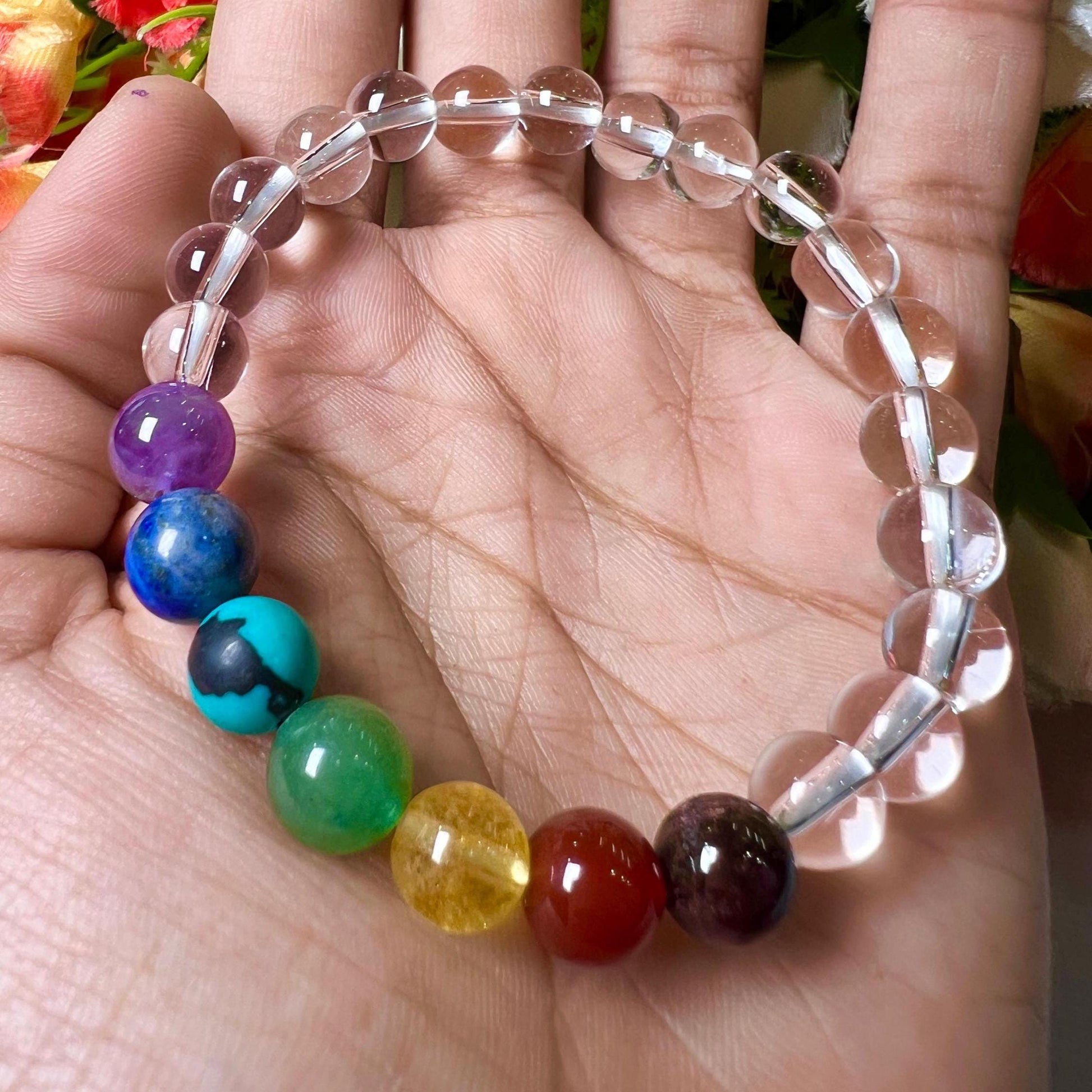 7 Chakra With Himalayan Crystal Quartz Stone Bracelet l Stretchable Bracelet l Unisex Bracelet l 8 MM Bracelet