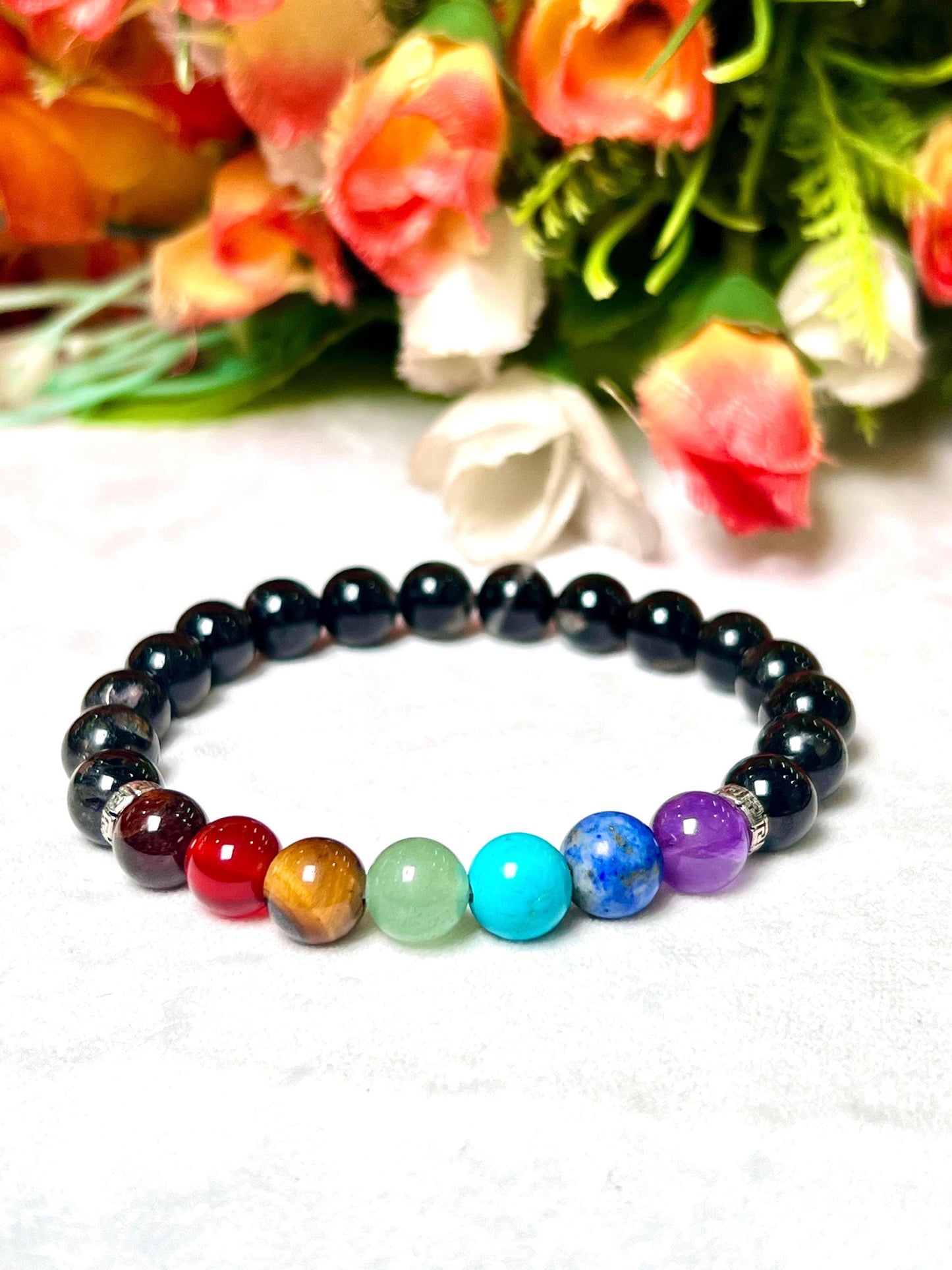 7 Chakra With Black Tourmaline Stone Bracelet l Stretchable Bracelet l Unisex Bracelet l 8 MM Bracelet