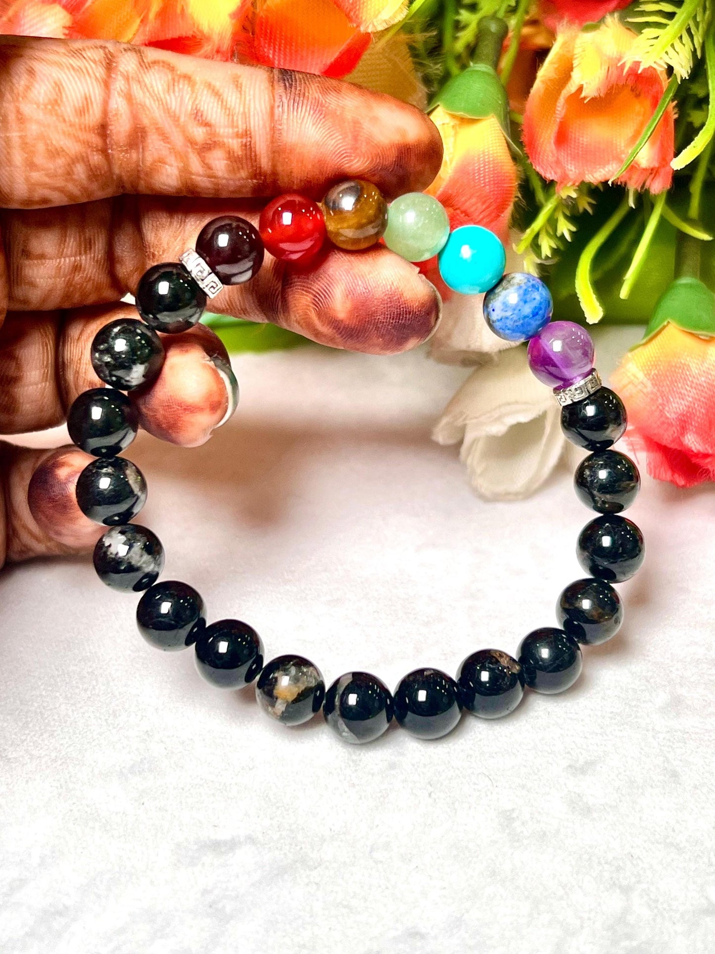 7 Chakra With Black Tourmaline Stone Bracelet l Stretchable Bracelet l Unisex Bracelet l 8 MM Bracelet