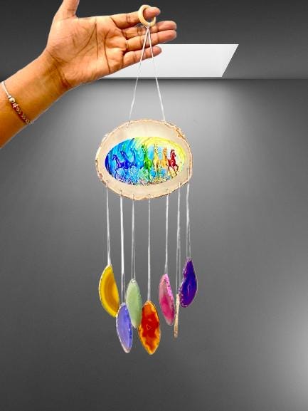 All Chakra 7 Horses Agate Slice Windchime Feng Shui Vastu , Home & Office Décor, Housewarming Gift