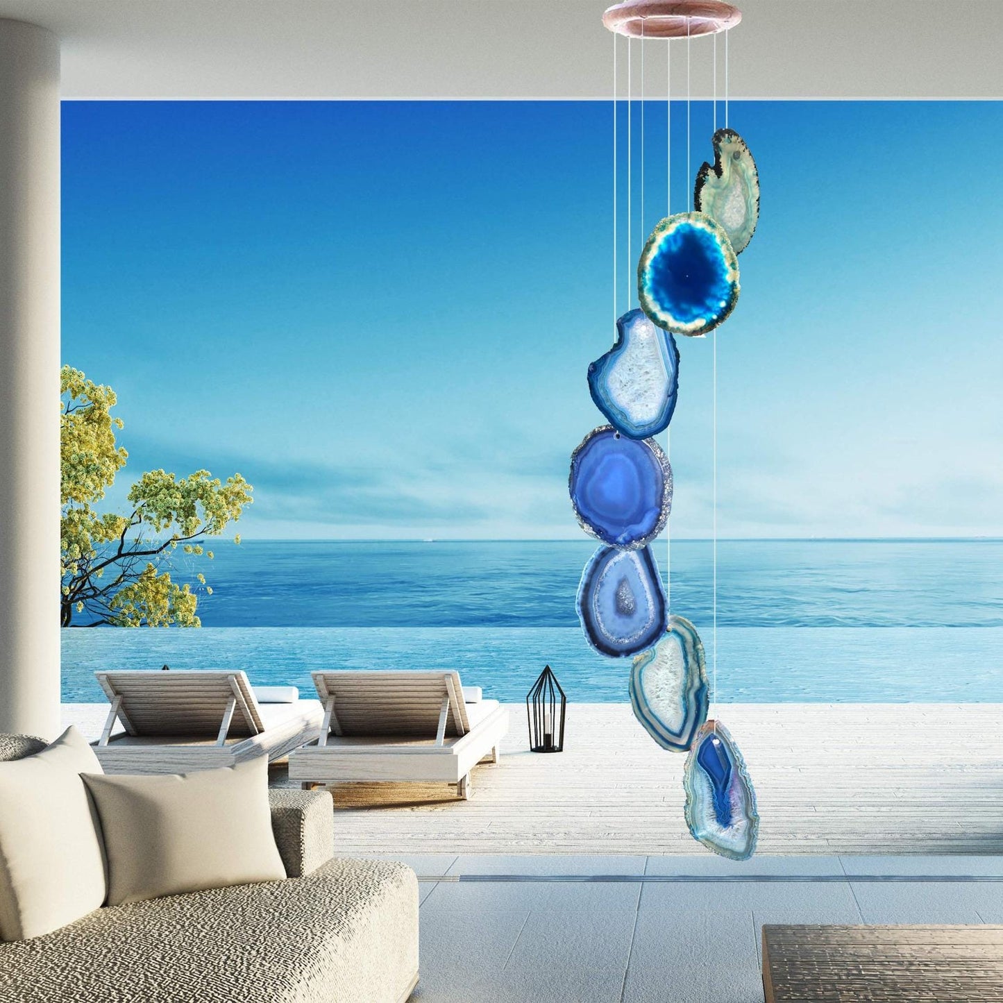 Teal Blue Agate Slice Windchime Feng Shui Vastu , Home & Office Décor, Housewarming Gift