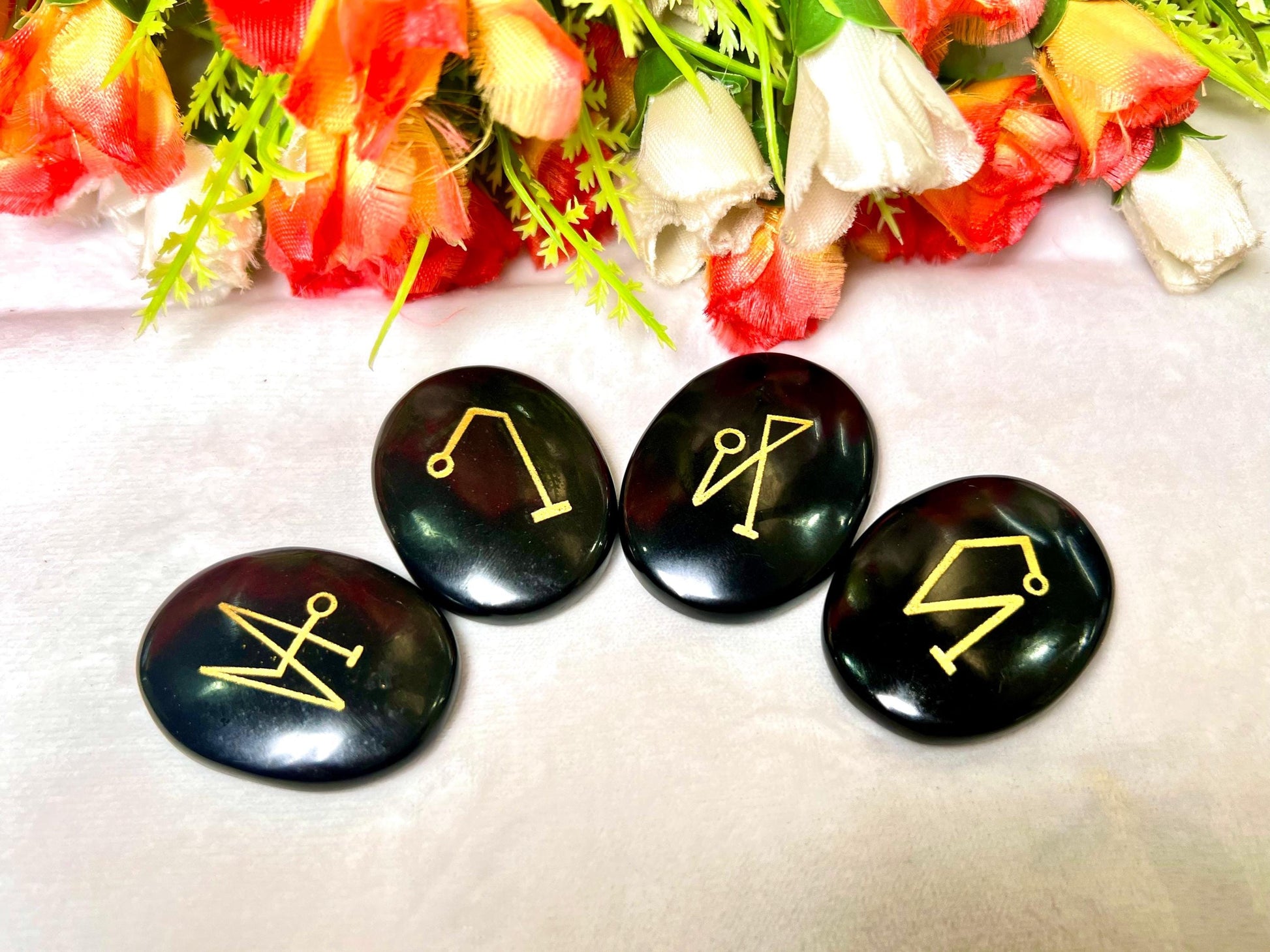 Black Obsidian Stone Archangel Stones Set Uriel, Michael, Raphael, Gabriel Orthodox Christian Church Four Archangels Symbol Set with Box