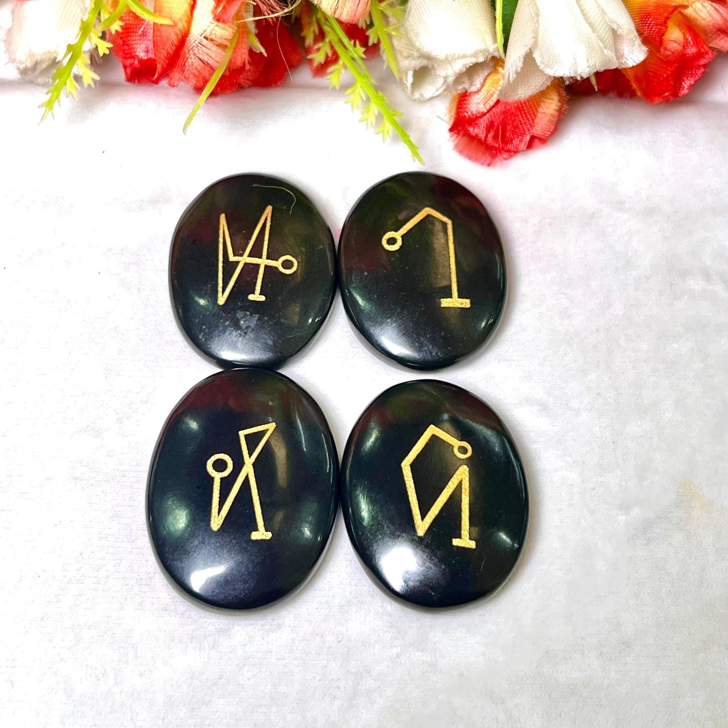 Black Obsidian Stone Archangel Stones Set Uriel, Michael, Raphael, Gabriel Orthodox Christian Church Four Archangels Symbol Set with Box