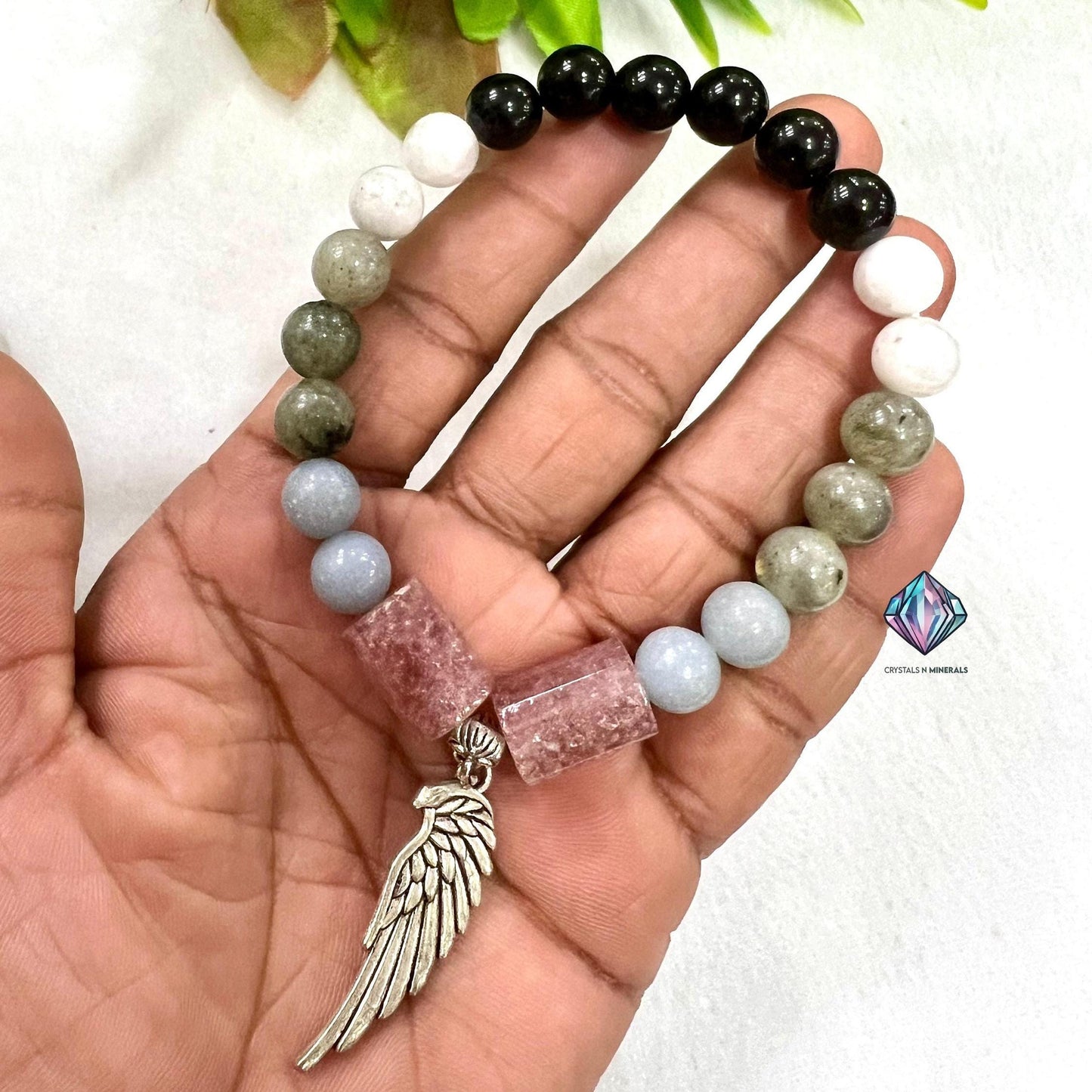 Guardian Angel Stone Rainbow Moonstone ,Strawberry Quartz ,Angelite ,Labradorite ,Rainbow Obsidian Stone Bracelet 8 mm with Angel Wing Charm