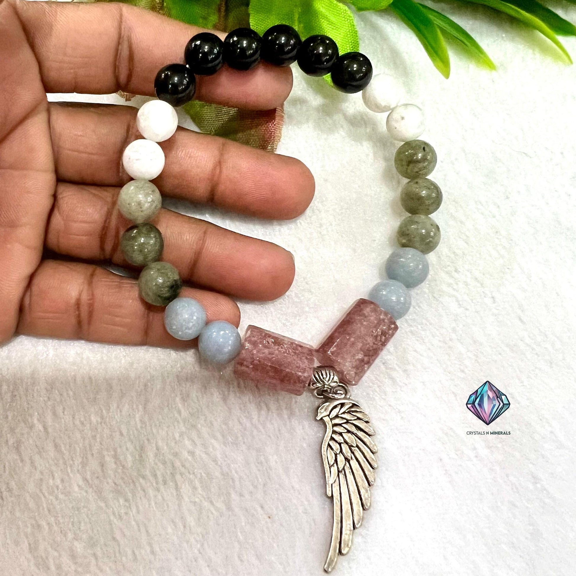 Guardian Angel Stone Rainbow Moonstone ,Strawberry Quartz ,Angelite ,Labradorite ,Rainbow Obsidian Stone Bracelet 8 mm with Angel Wing Charm