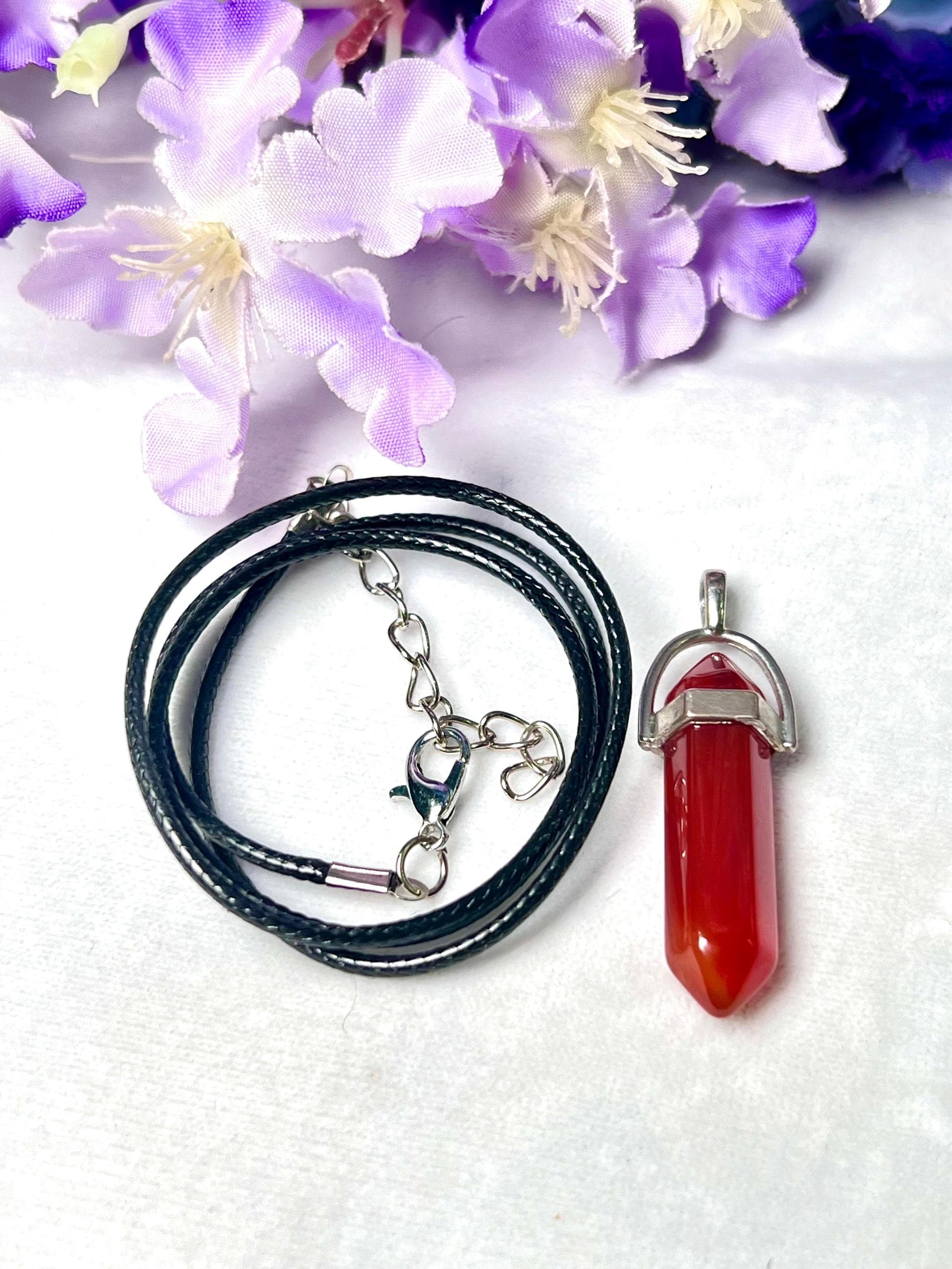 Carnelian Stone Double Point Pencil Pendant with Black Cord