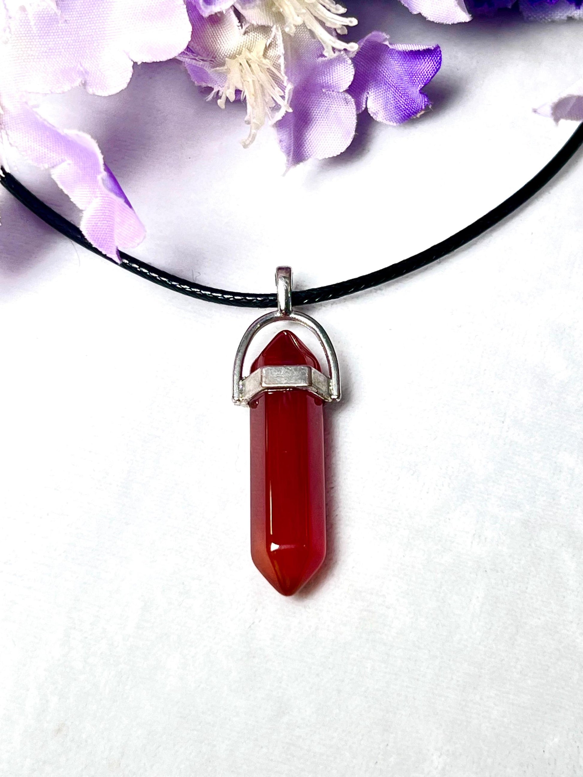 Carnelian Stone Double Point Pencil Pendant with Black Cord