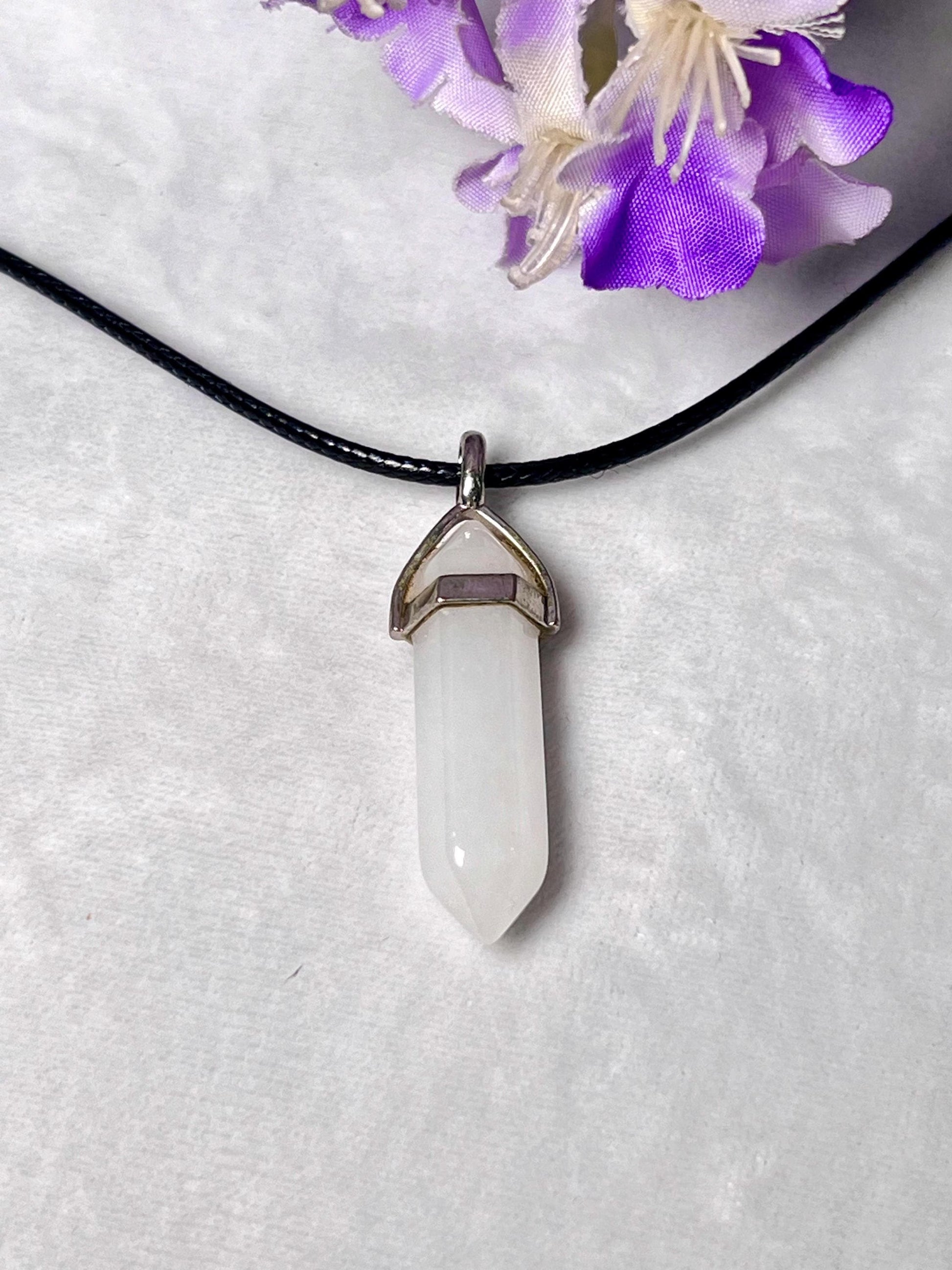 White Azeztulite Stone Double Point Pencil Pendant with Black Cord