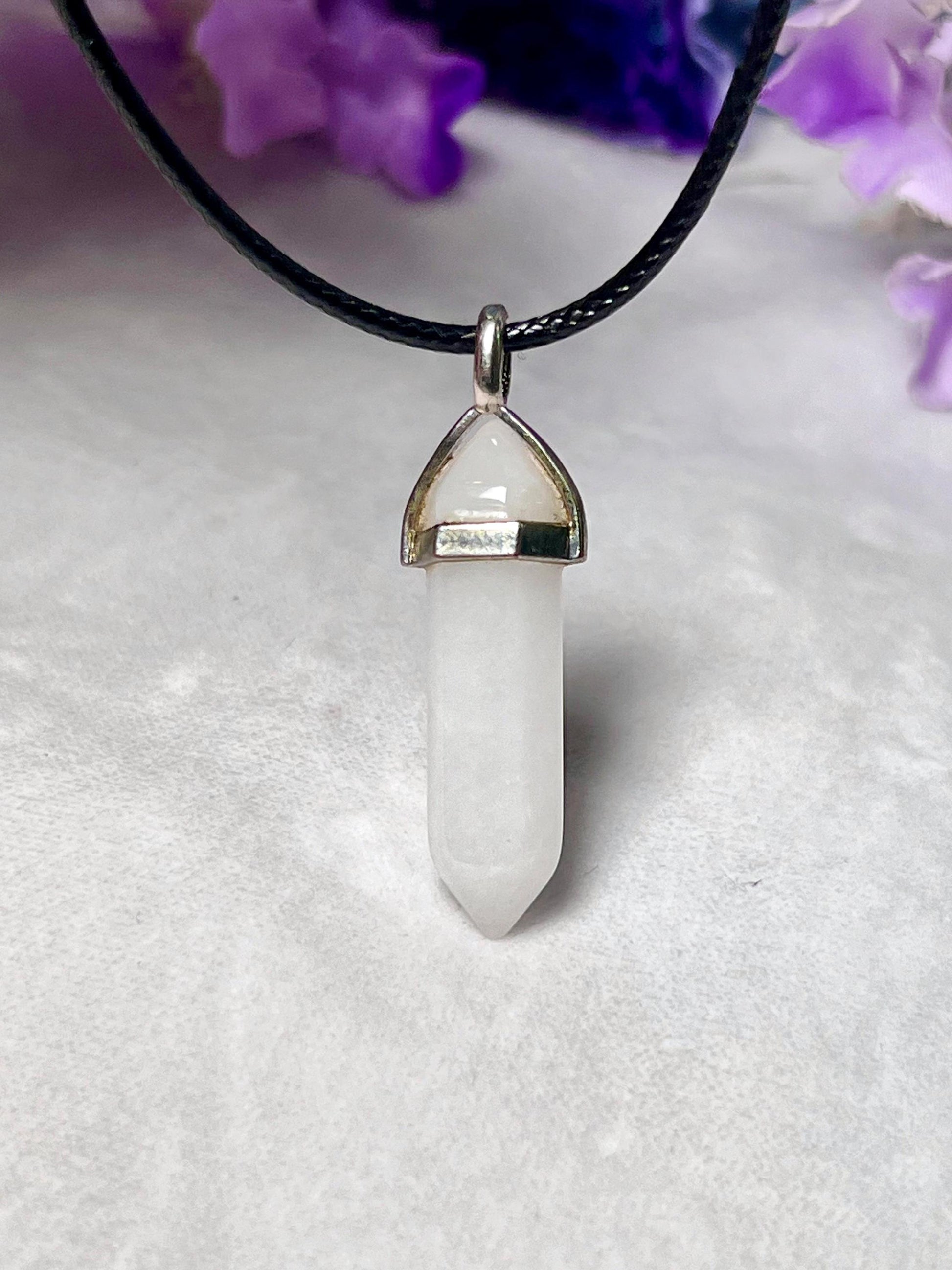 White Azeztulite Stone Double Point Pencil Pendant with Black Cord