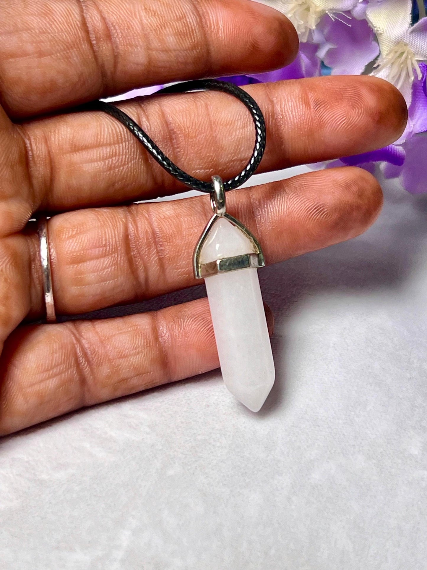 White Azeztulite Stone Double Point Pencil Pendant with Black Cord