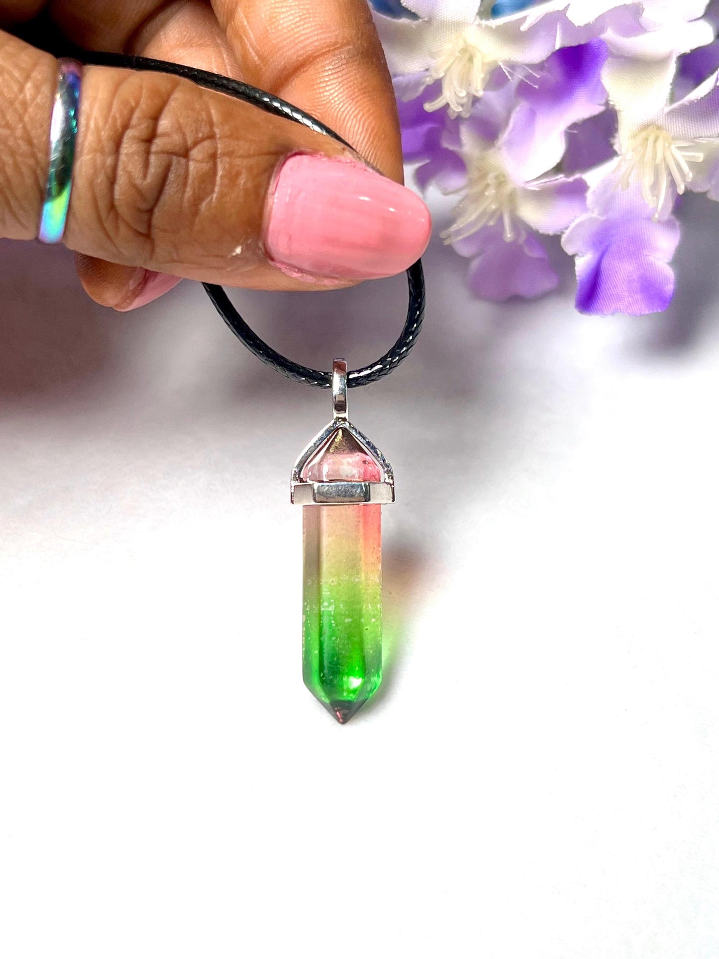 Watermelon Tourmaline (Not Natural) Stone Double Point Pencil Pendant with Black Cord