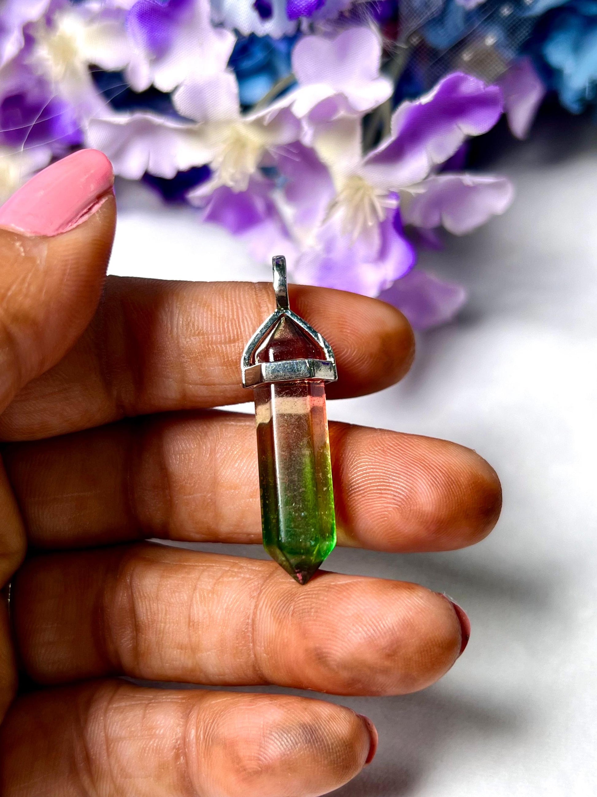 Watermelon Tourmaline (Not Natural) Stone Double Point Pencil Pendant with Black Cord