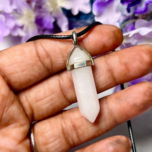 White Azeztulite Stone Double Point Pencil Pendant with Black Cord