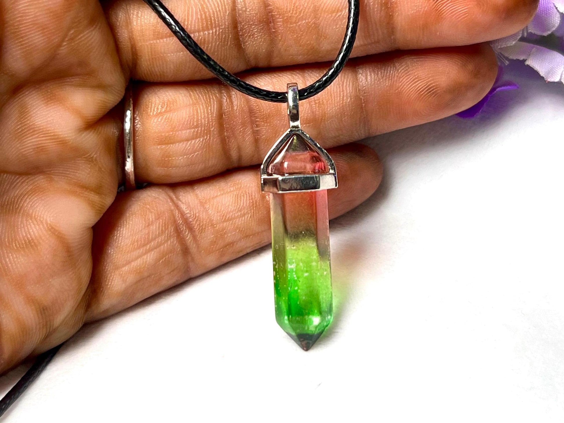 Watermelon Tourmaline (Not Natural) Stone Double Point Pencil Pendant with Black Cord