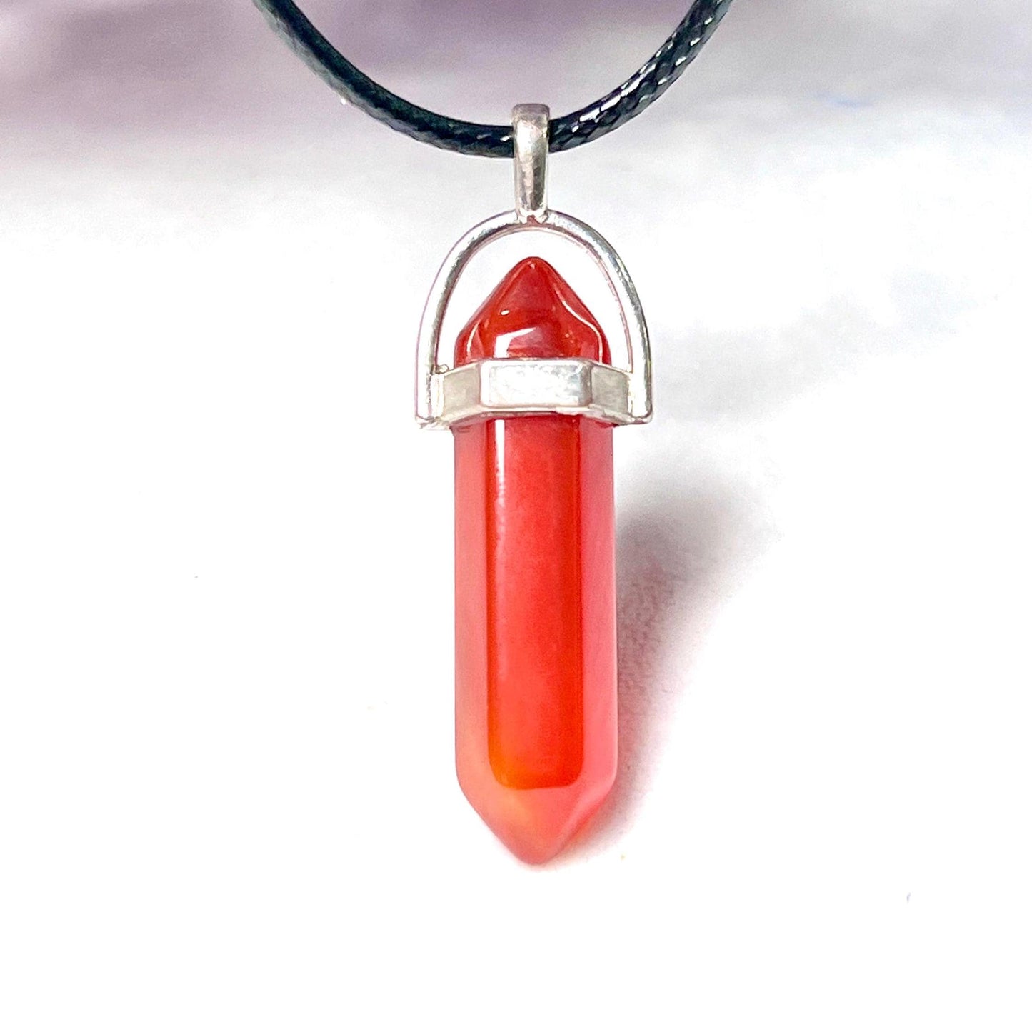 Carnelian Stone Double Point Pencil Pendant with Black Cord