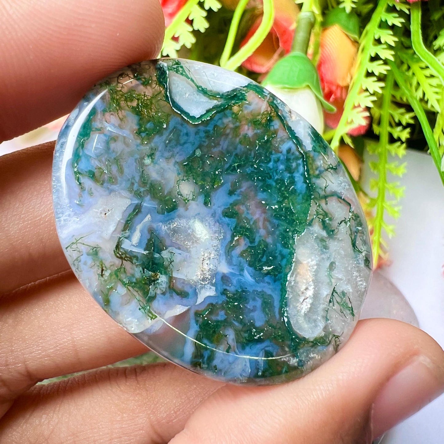 Moss Agate Stone Worry Stone – Crystal Worry Stone – Pocket Stone – Healing Crystal - 4cmx3cm Thumb Stone One (1) Piece