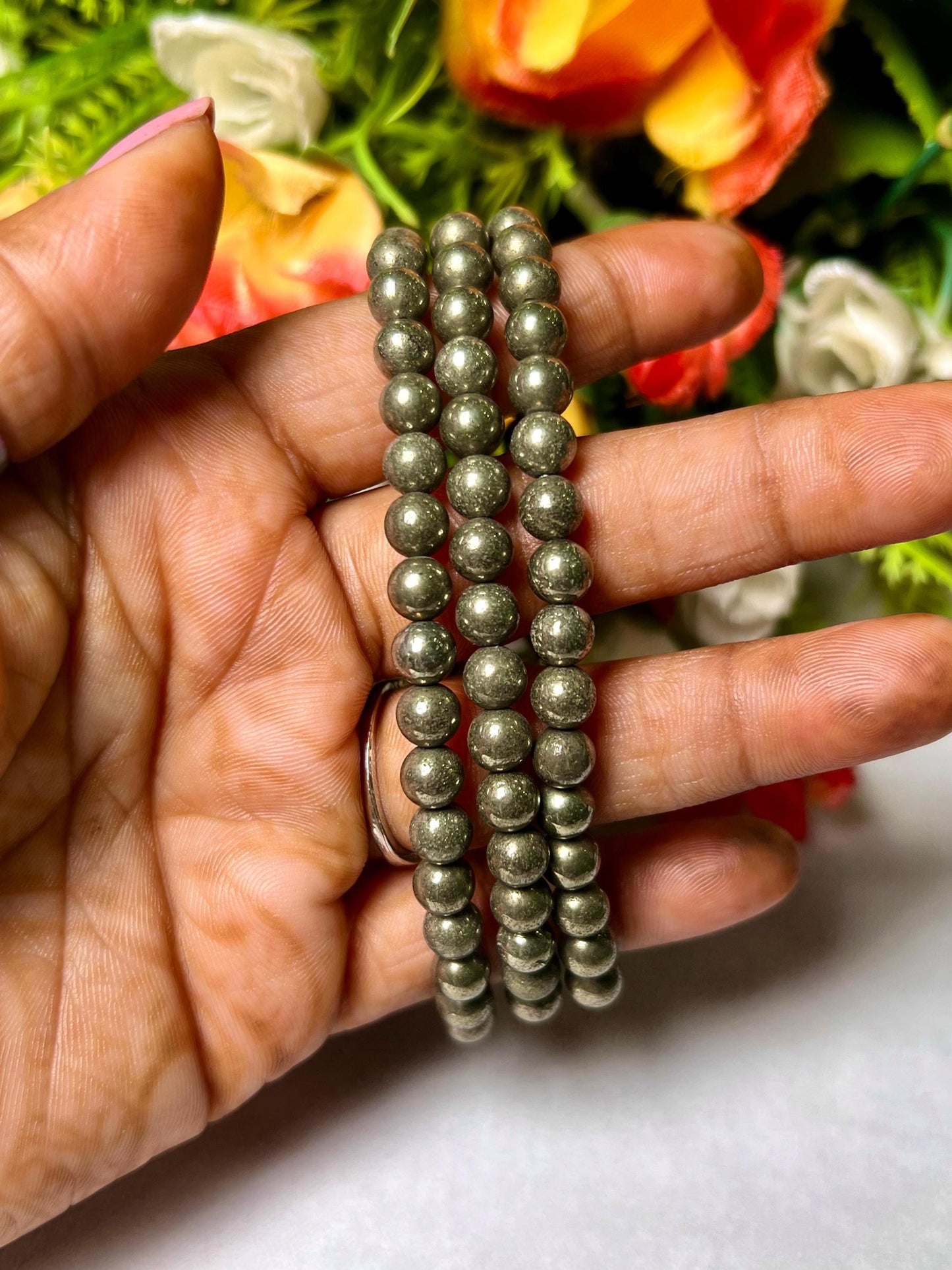 Pyrite Stone Round Beaded Bracelet 6 MM 8 MM 10 MM Stretch Bracelet