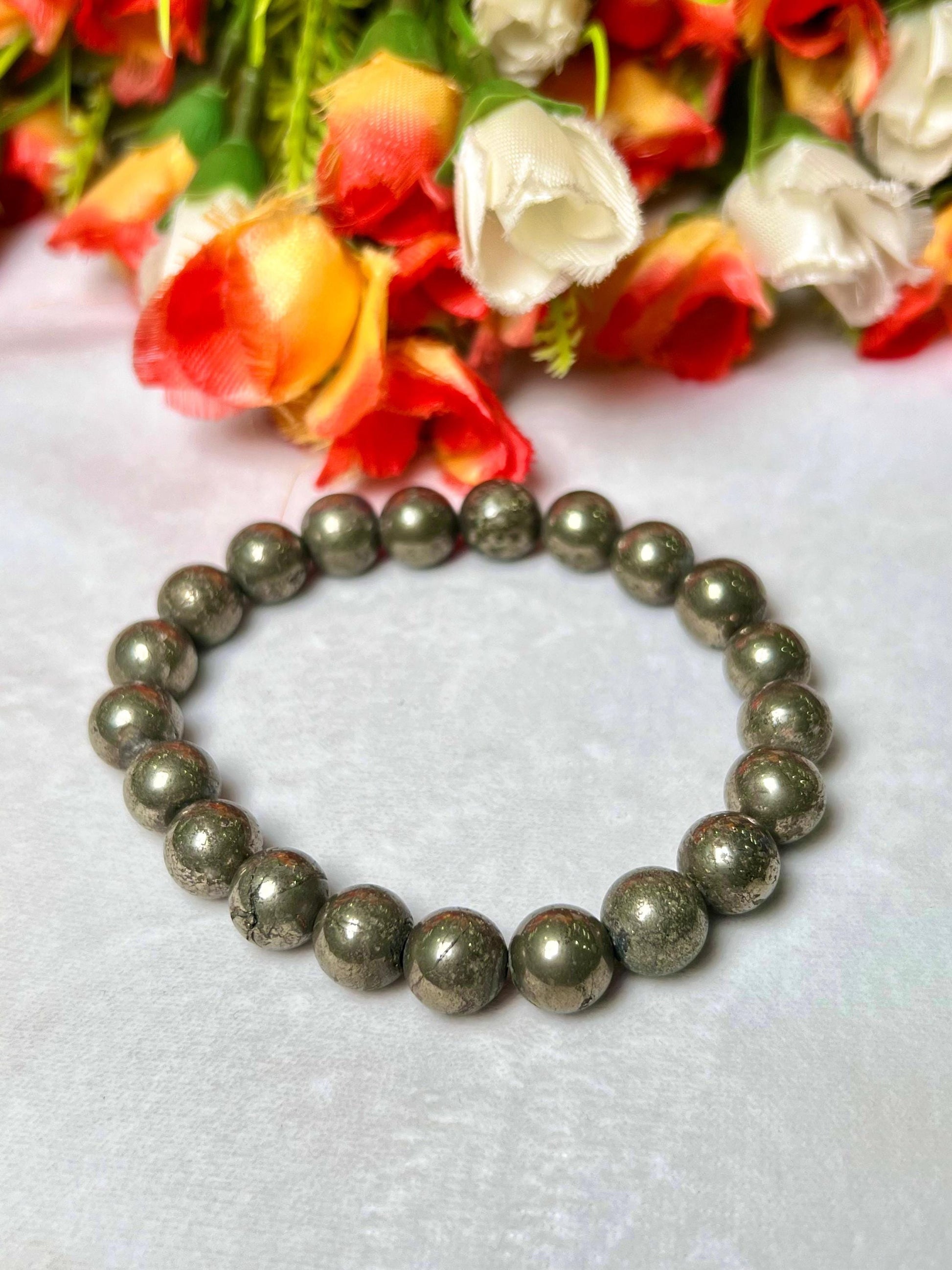 Pyrite Stone Round Beaded Bracelet 6 MM 8 MM 10 MM Stretch Bracelet