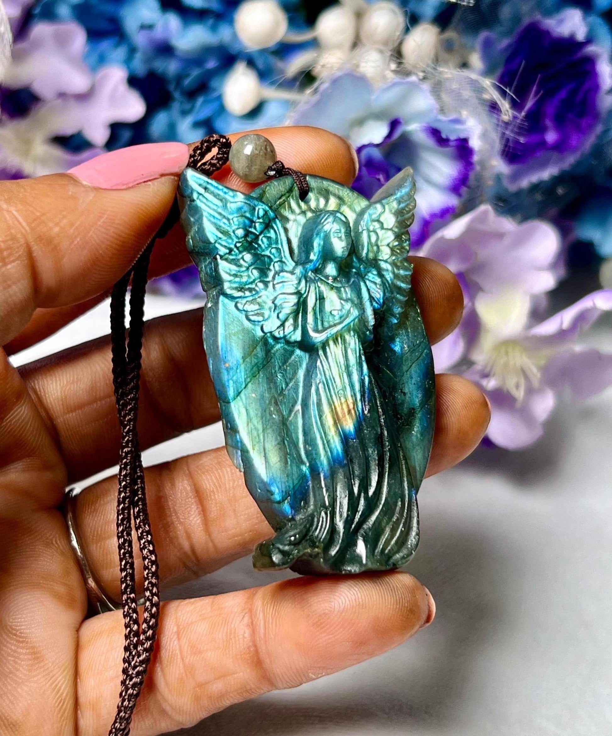 2.1" Labradorite Stone Guardian Angel Carving Pendant Necklace With Long Cord Home Decoration,Reiki healing Gift for All