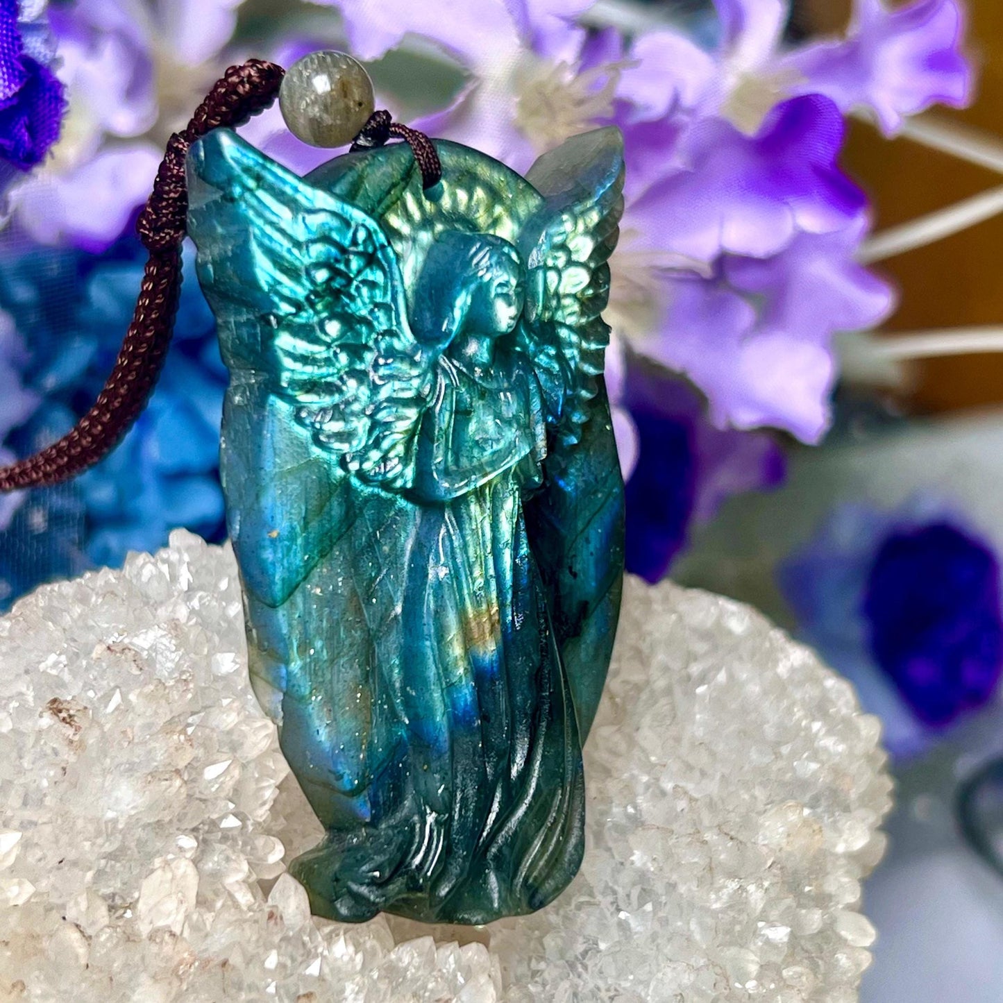 2.1" Labradorite Stone Guardian Angel Carving Pendant Necklace With Long Cord Home Decoration,Reiki healing Gift for All