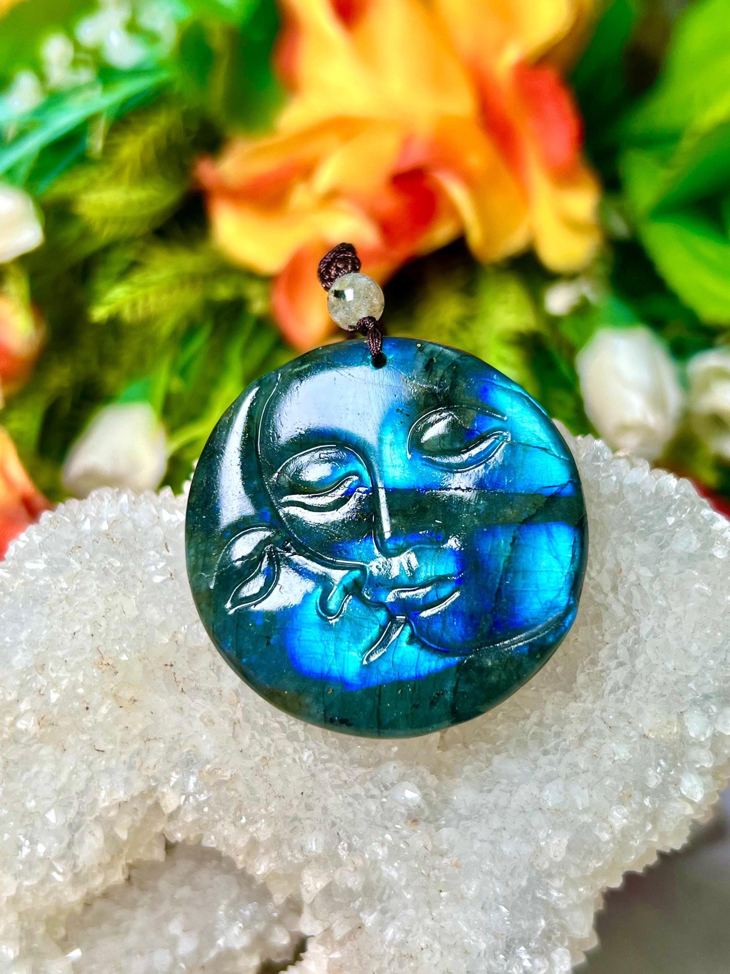 Valentine Love Gift - 2" Labradorite Stone Sun and Moon Face Carving Pendant Necklace – Mystical Glow for Balance & Protection