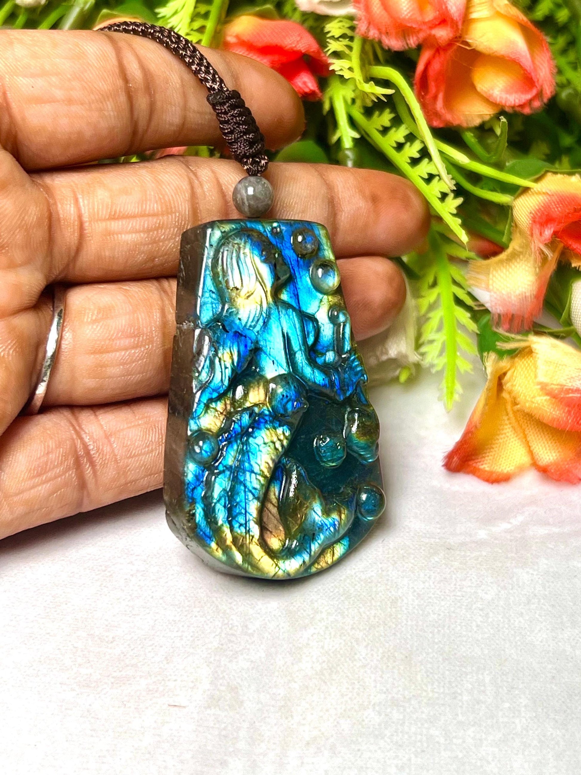 2.1" Labradorite Stone Mermaid Carving Pendant Necklace With Long Cord Home Decoration,Reiki healing Gift for All