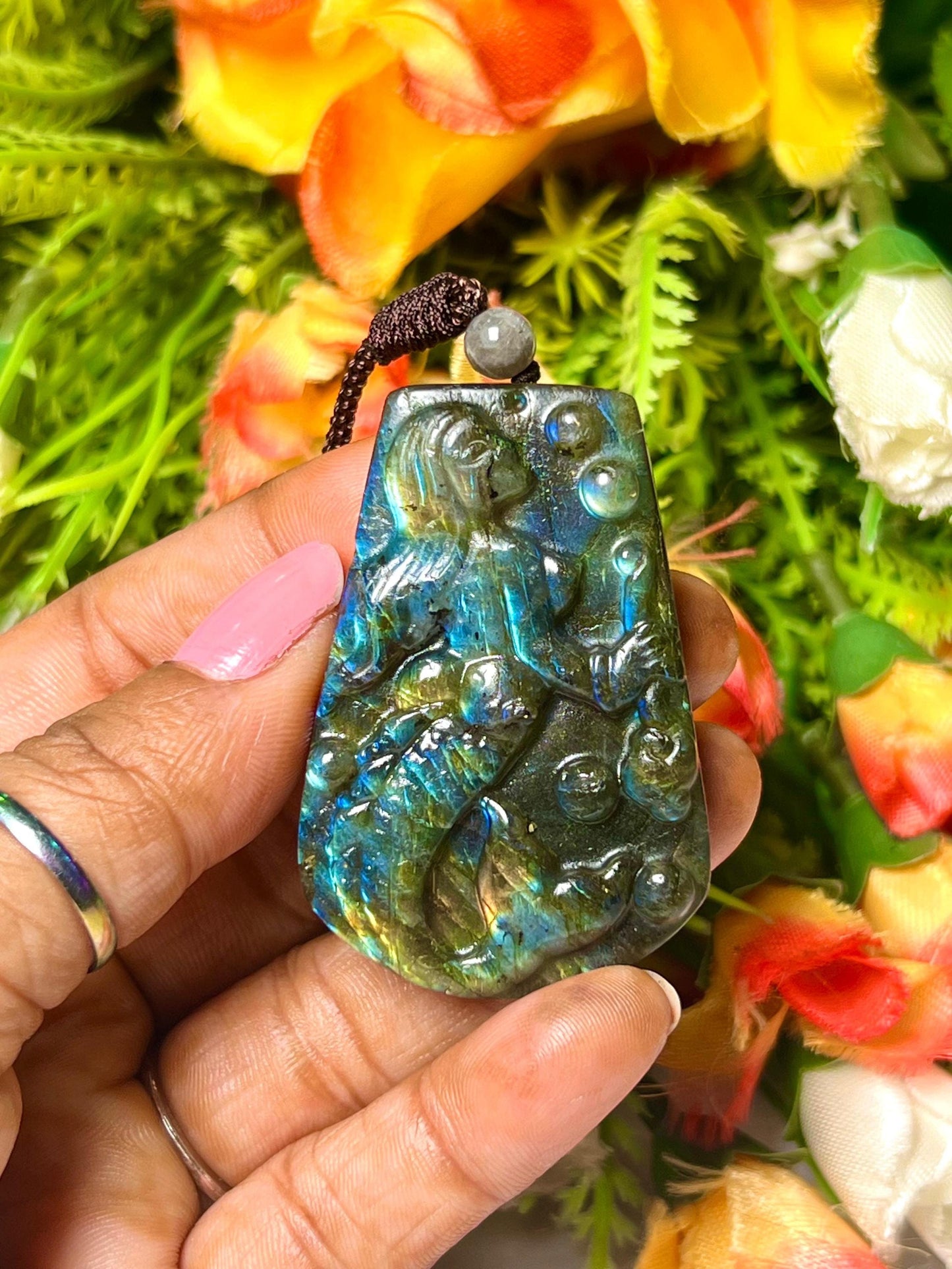 2.1" Labradorite Stone Mermaid Carving Pendant Necklace With Long Cord Home Decoration,Reiki healing Gift for All