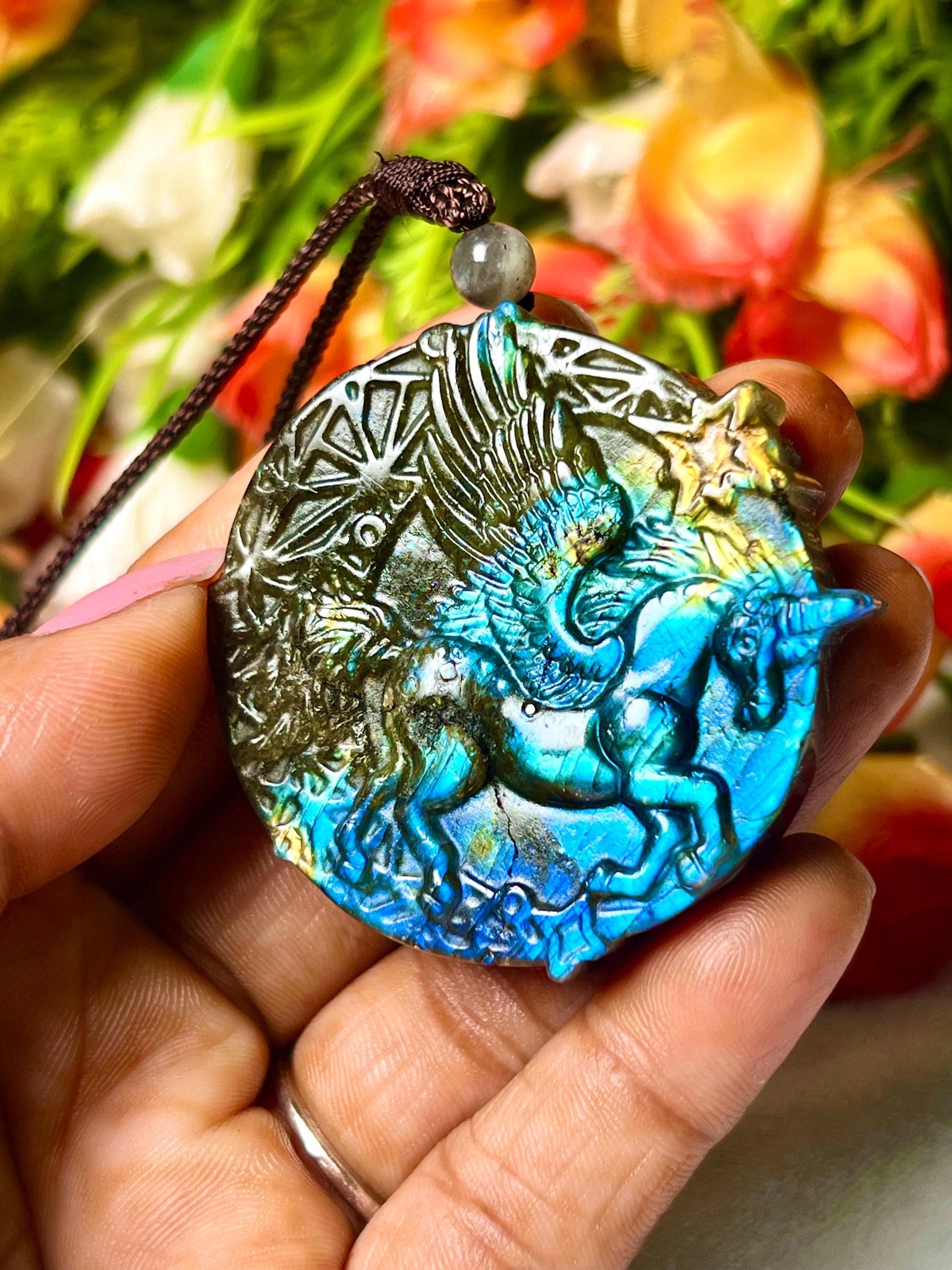 2" Labradorite Pegasus Unicorn Stone Carving Pendant Necklace With Long Cord Home Decoration,Reiki healing Gift for All