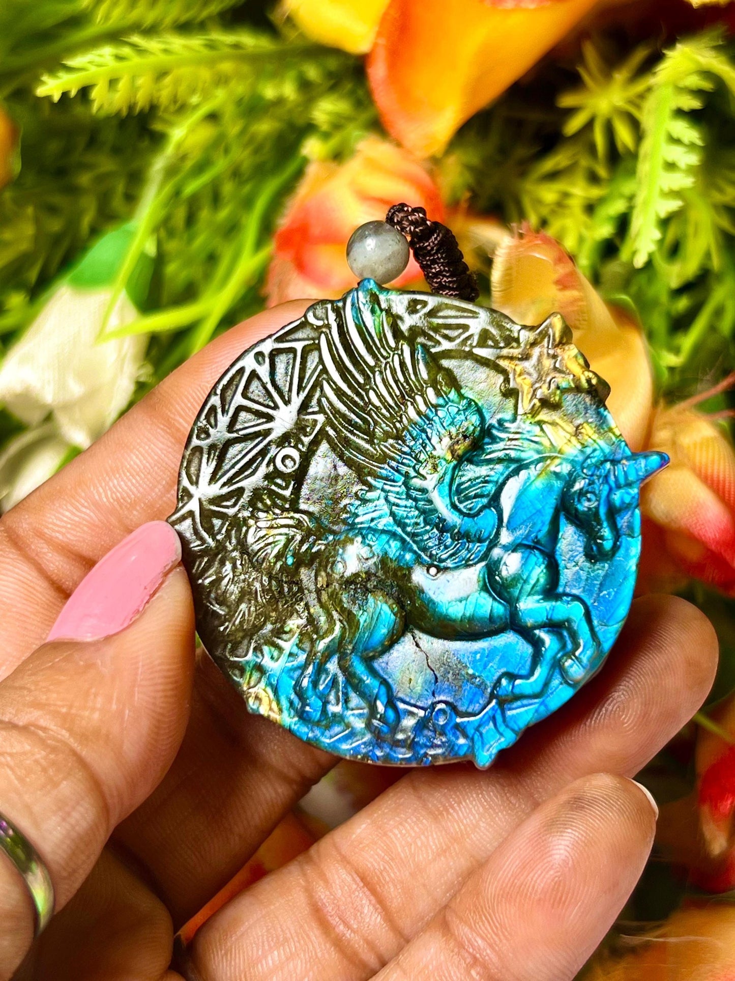 2" Labradorite Pegasus Unicorn Stone Carving Pendant Necklace With Long Cord Home Decoration,Reiki healing Gift for All